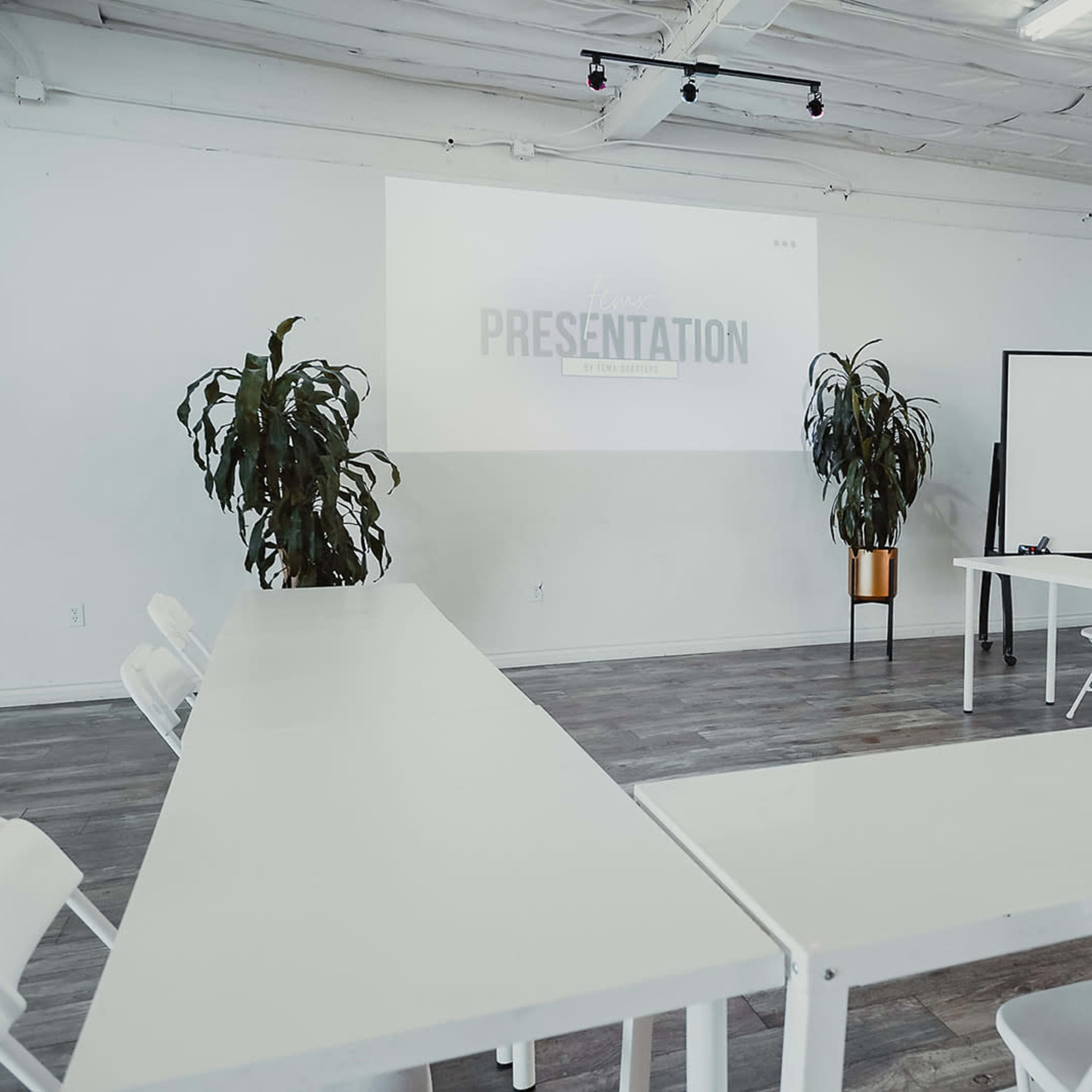 A bright meeting room features white tables arranged in a U-shape, two potted plants, and a projector screen displaying the word "PRESENTATION."