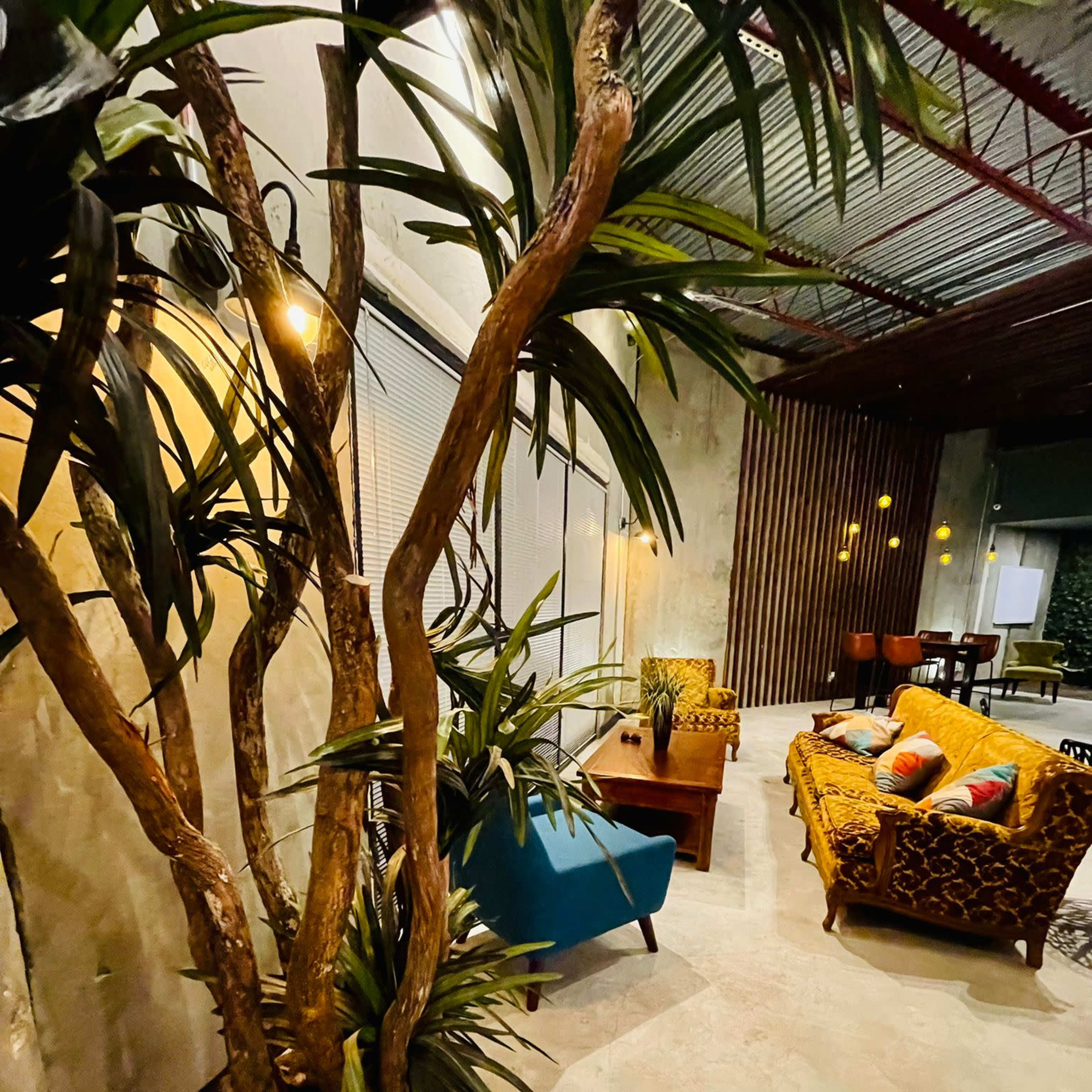 A modern lounge area features a potted plant, a blue chair, a wooden coffee table, and a patterned sofa against concrete walls.
