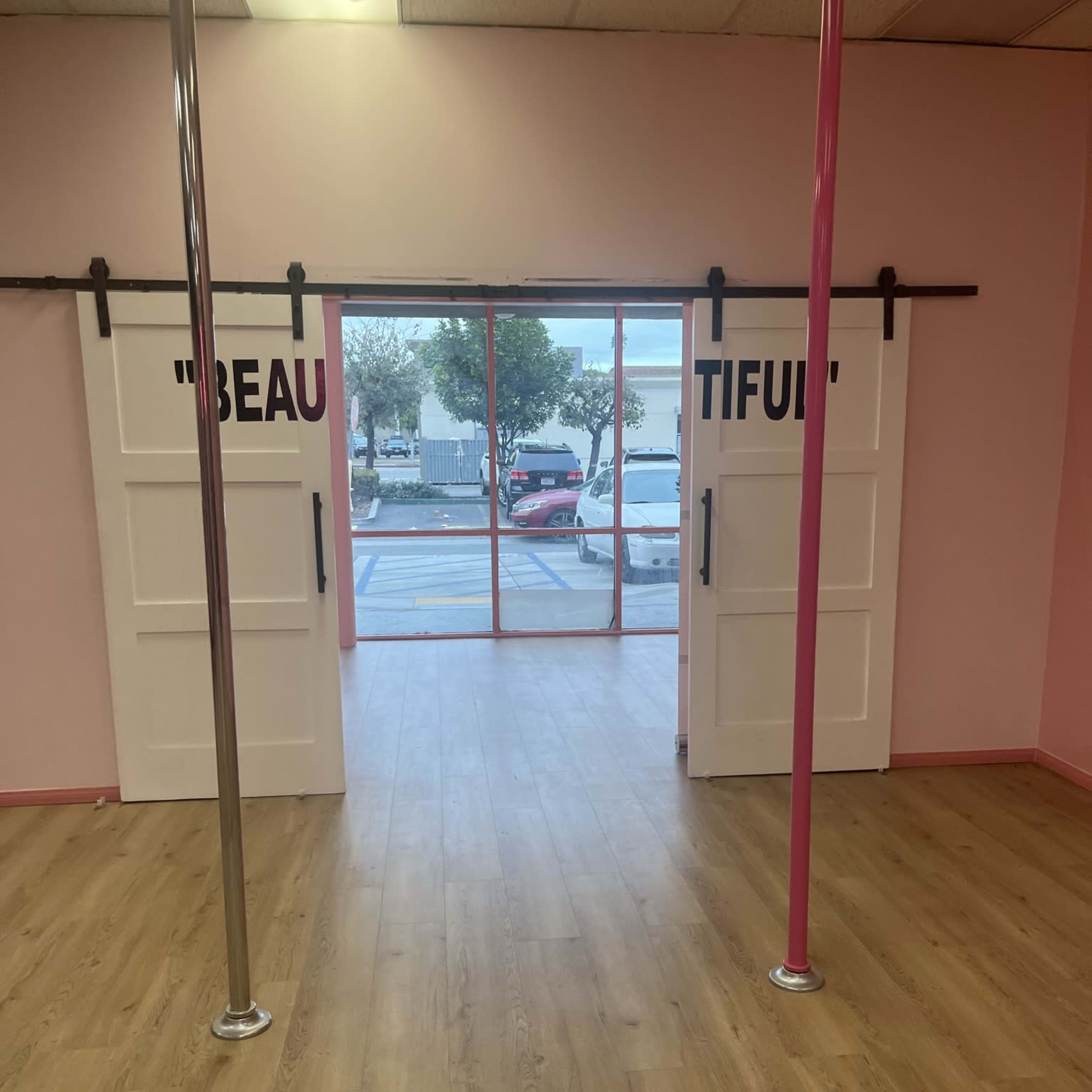 A pink-walled studio with two vertical poles and an open double door leading to an outdoor view with parked cars.