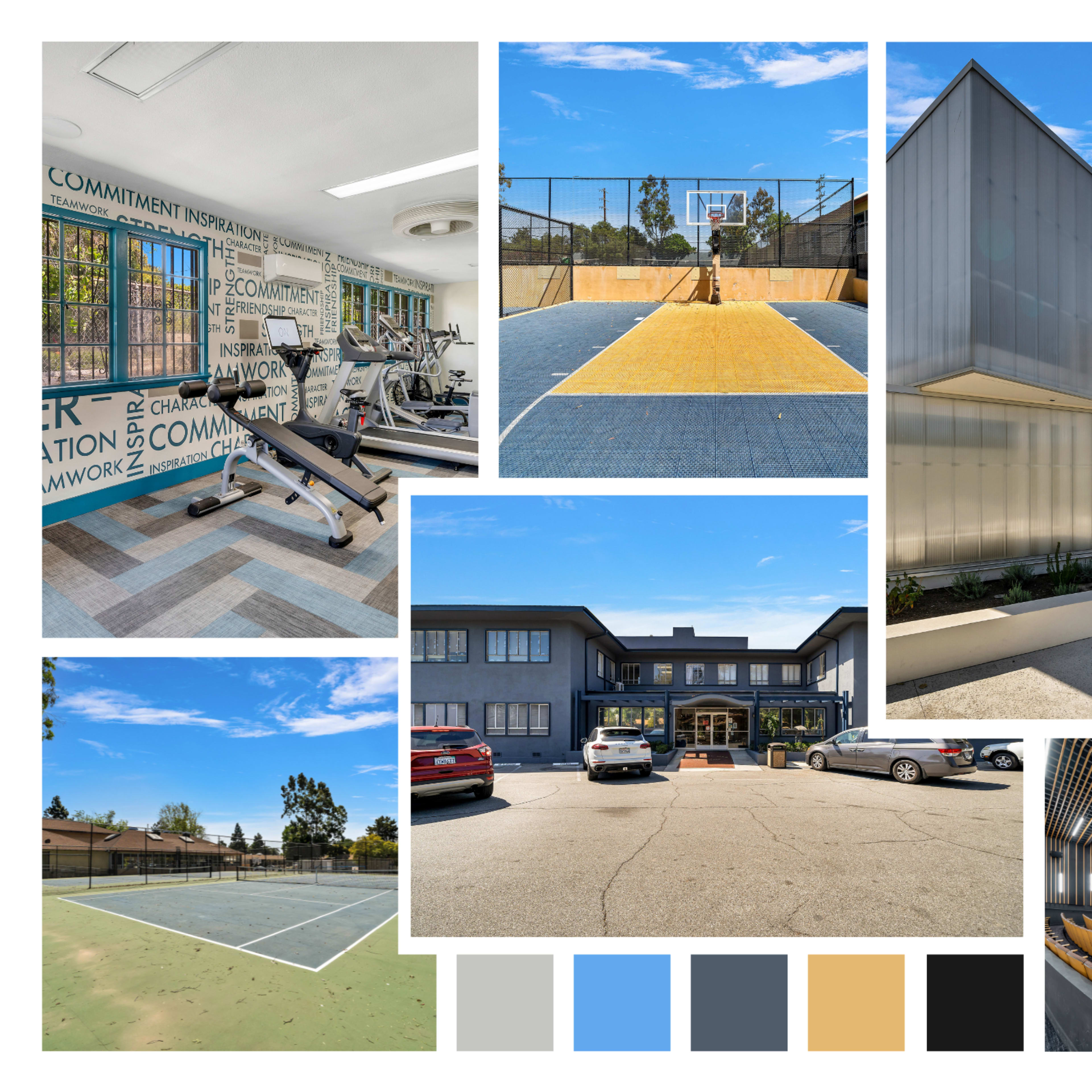 Various modern facilities, including a gym, basketball court, parking area, and a concert hall, all set against a clear blue sky.