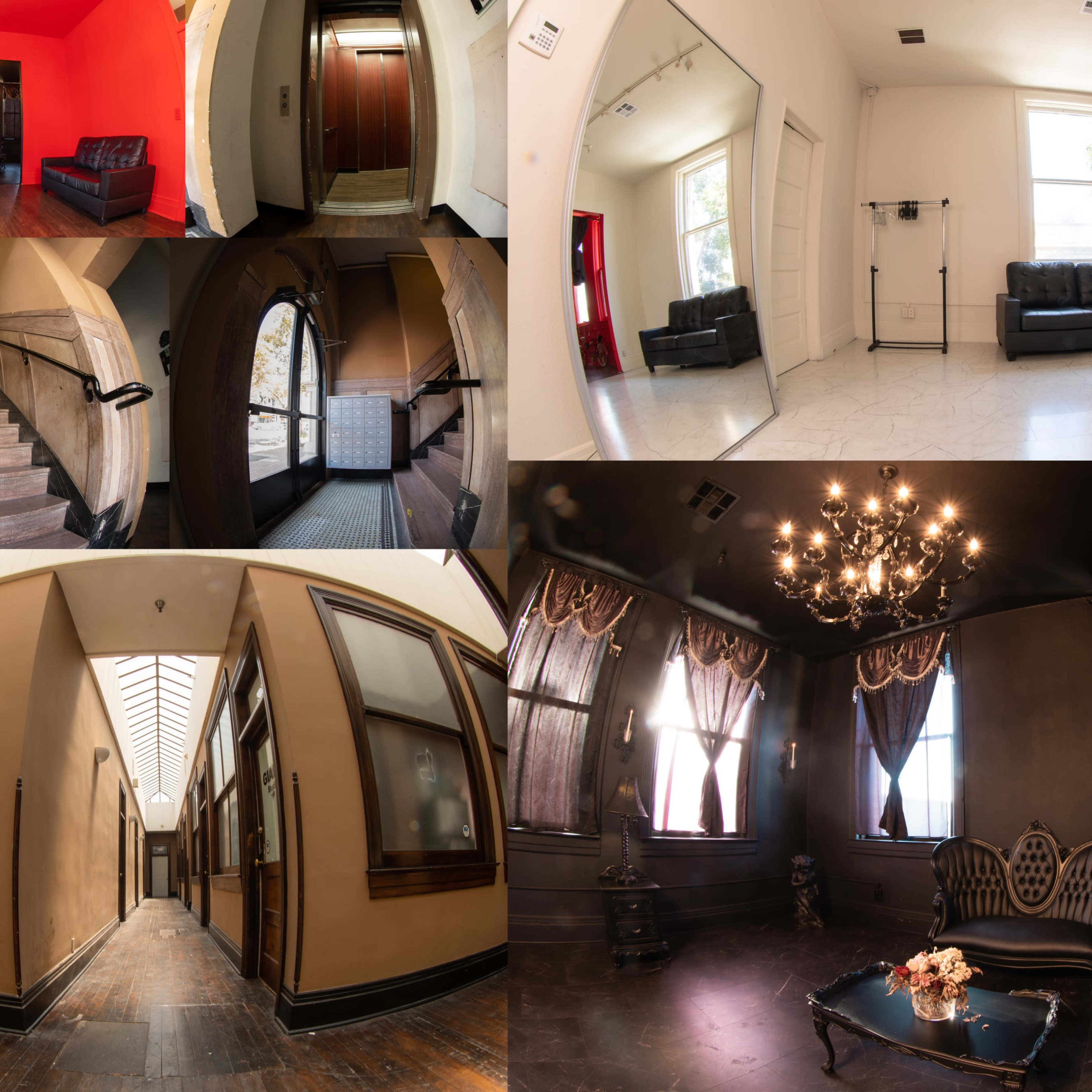 A collage of interior scenes from a building, including an elevator, a staircase, a hallway, a mirror room, and several seating areas with various lighting and decor styles.