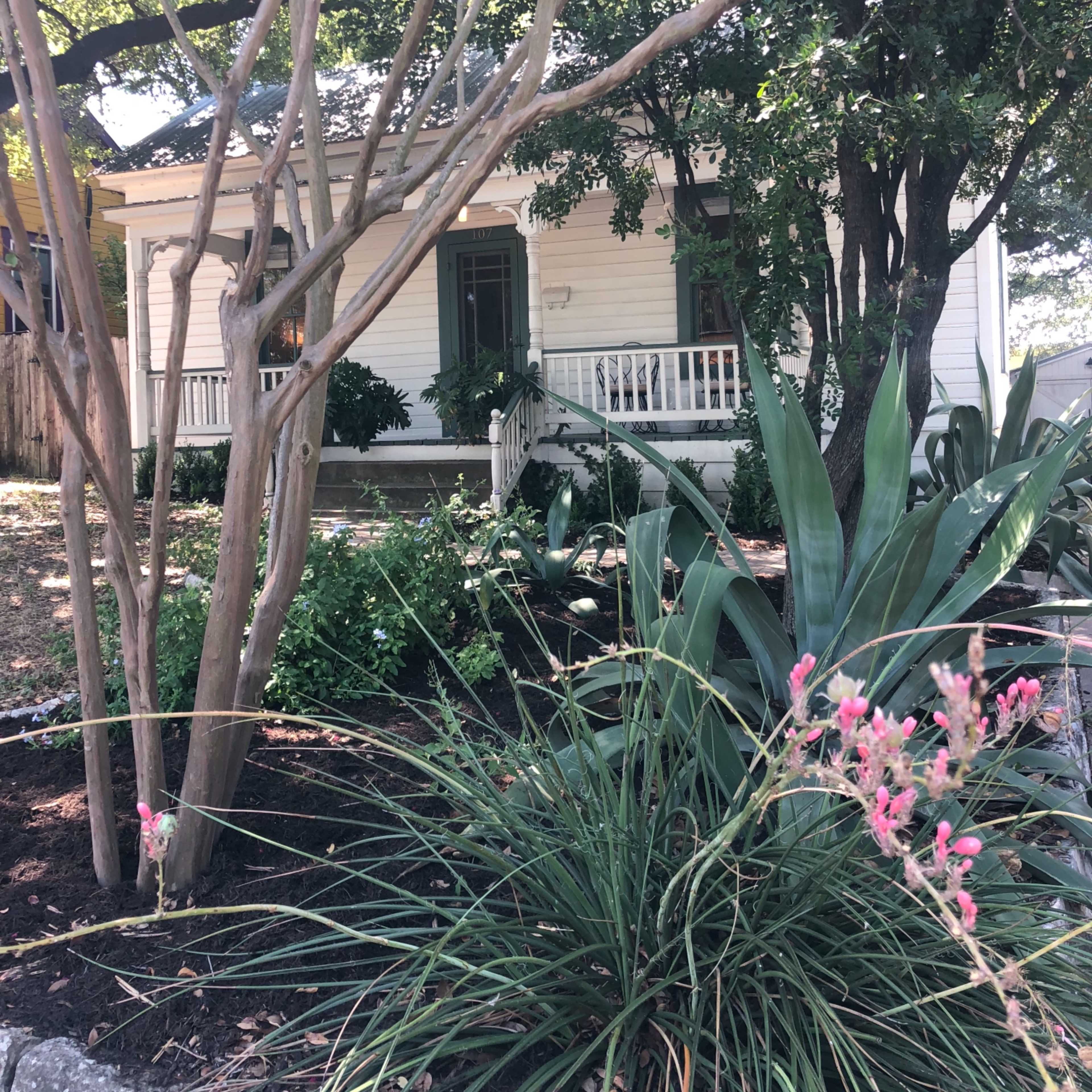 A white house with a porch is set back among trees and shrubs in a garden.