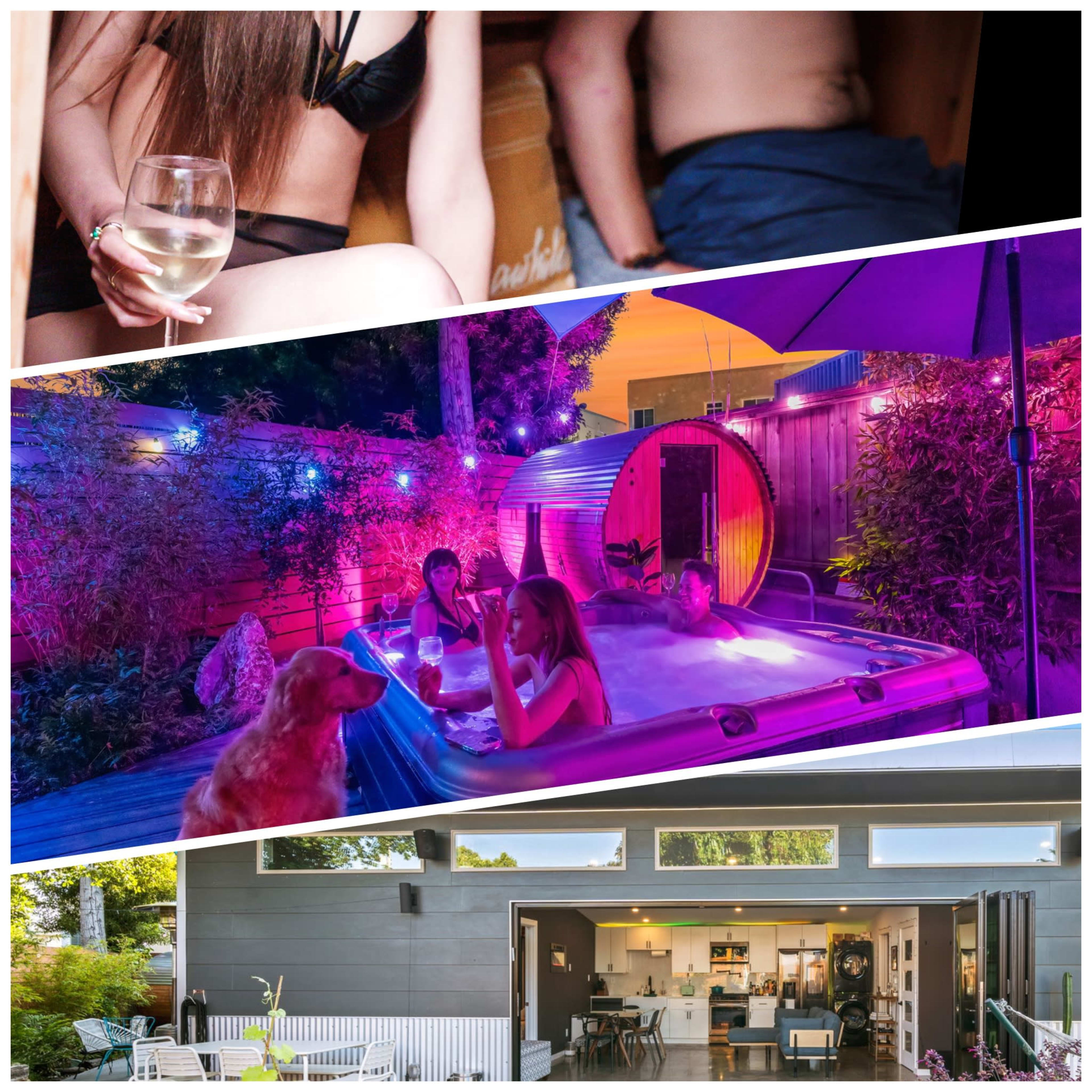 A group of people relaxes in a hot tub surrounded by colorful lighting and a wooden deck, while a dog sits nearby.