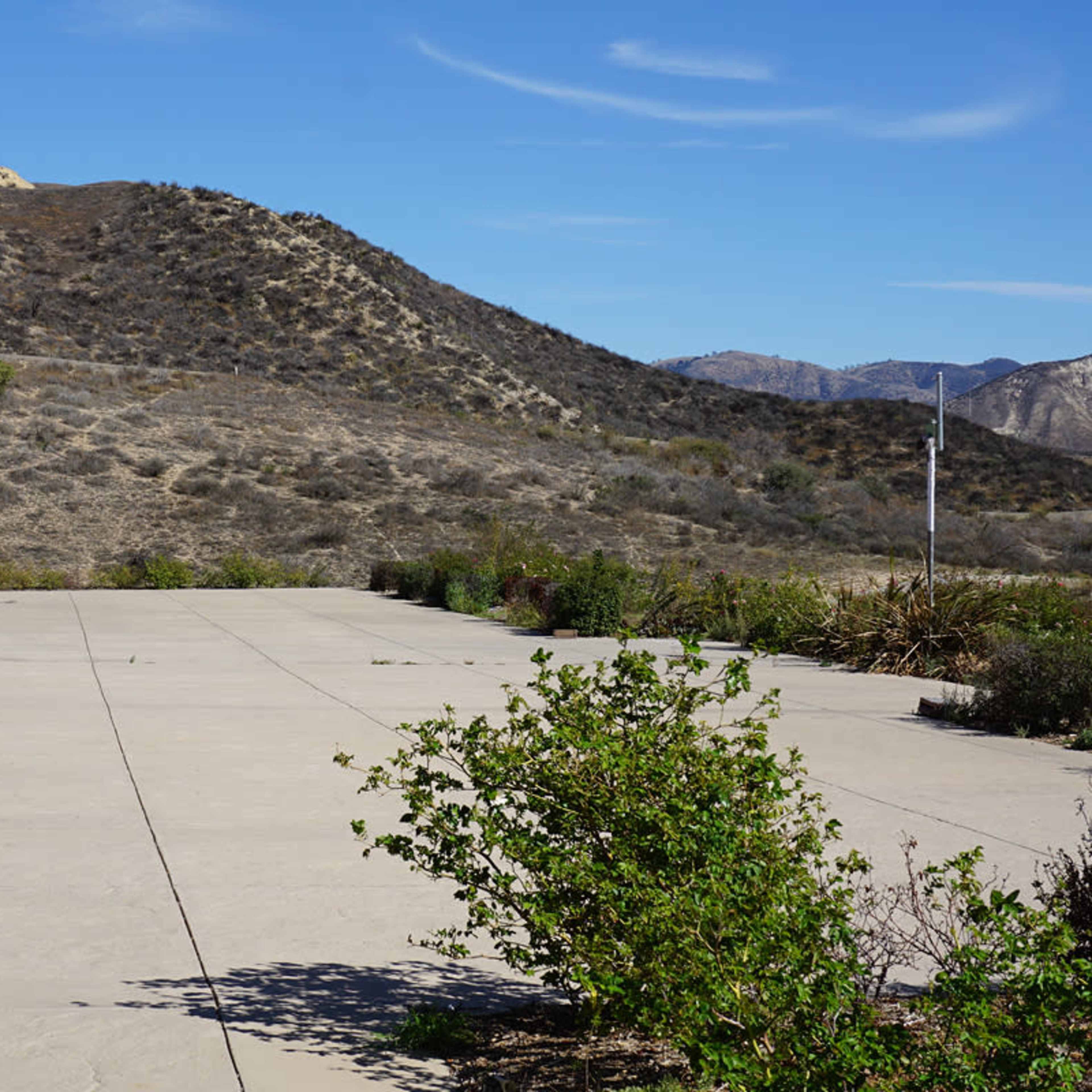 A concrete pathway leads through landscaped bushes towards a hilly area under a clear blue sky.