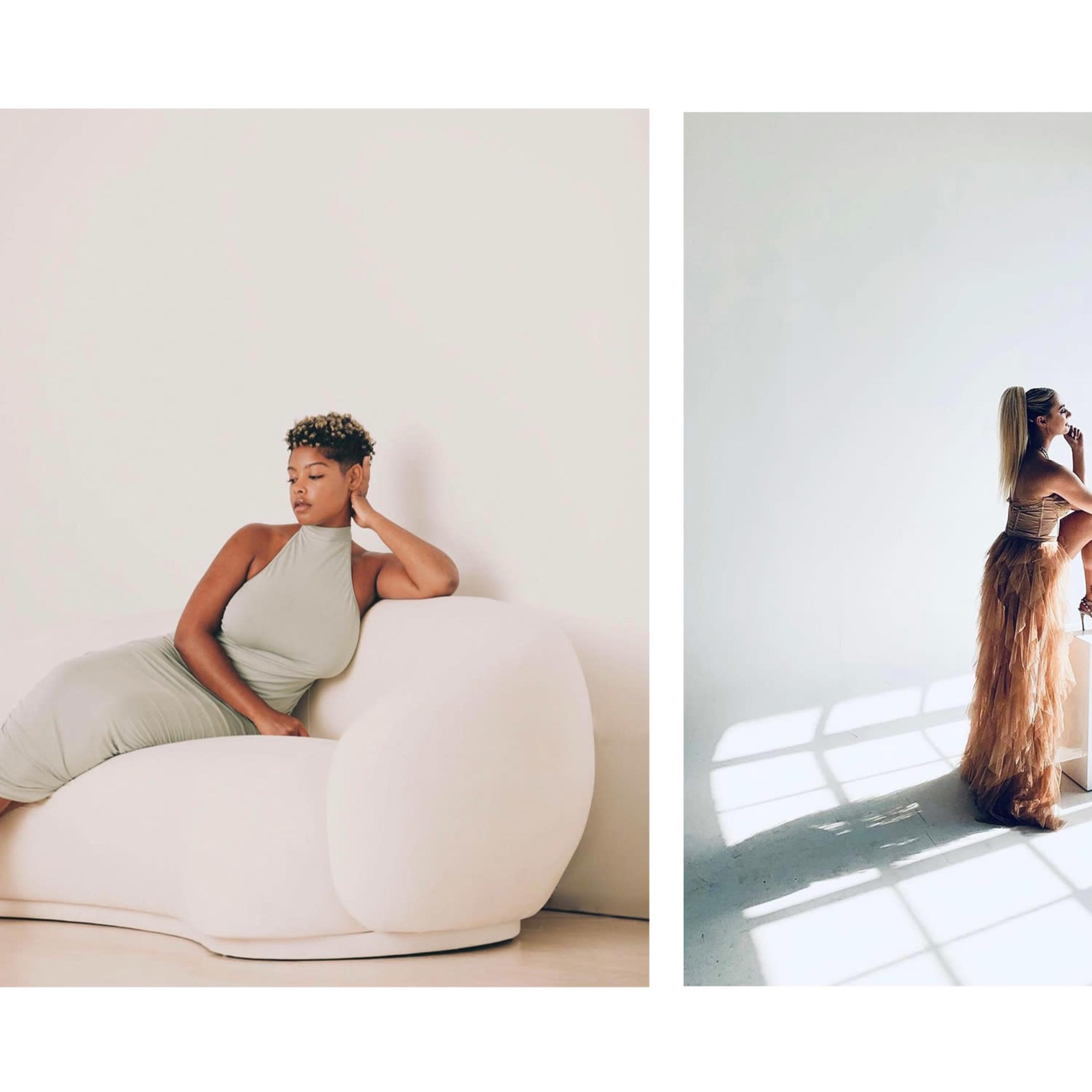 Two women posing in bright, minimalist spaces; one reclines on a curved white sofa, while the other stands on a pedestal in a sunlit room.