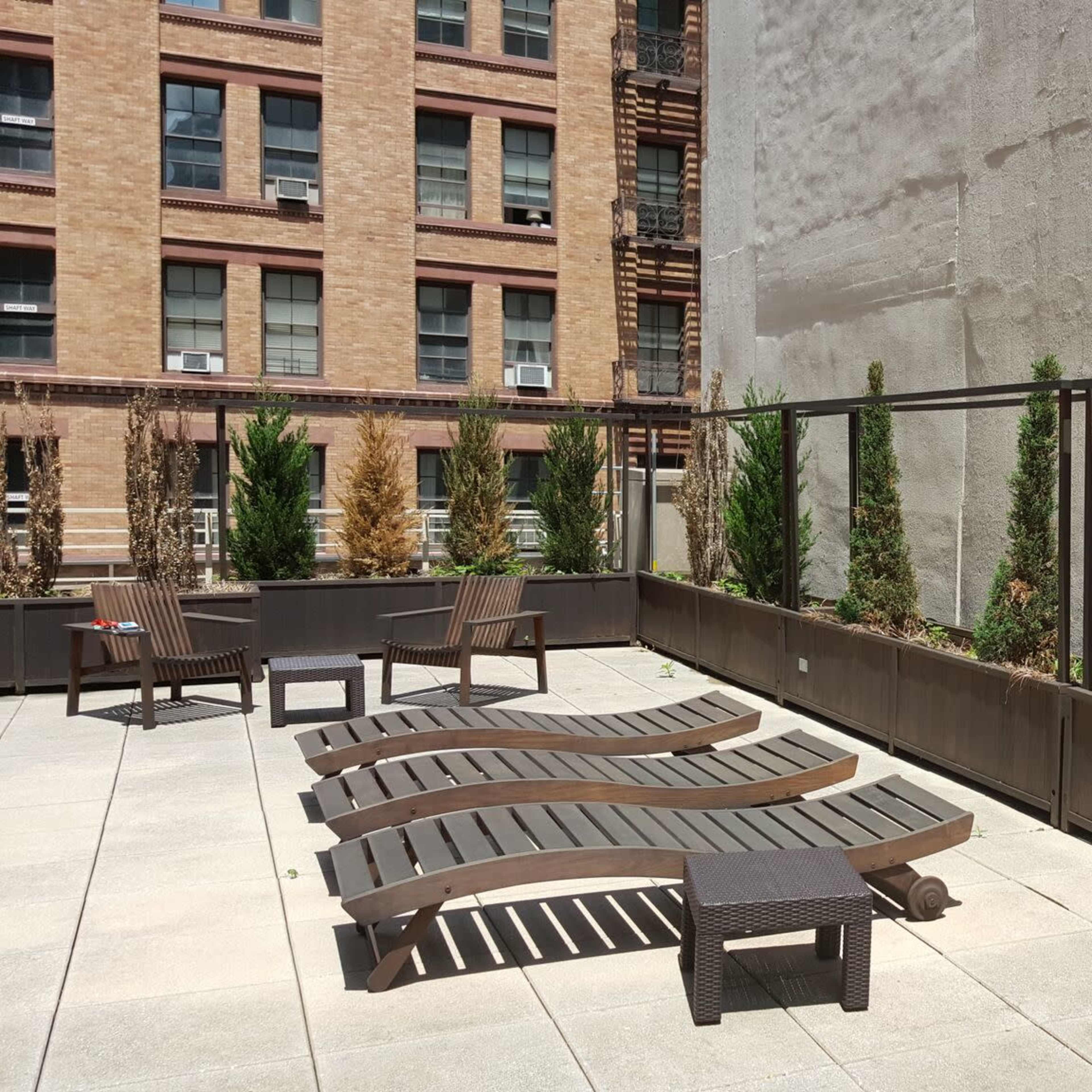 A rooftop terrace with lounge chairs and planters featuring small evergreen trees, surrounded by brick buildings.