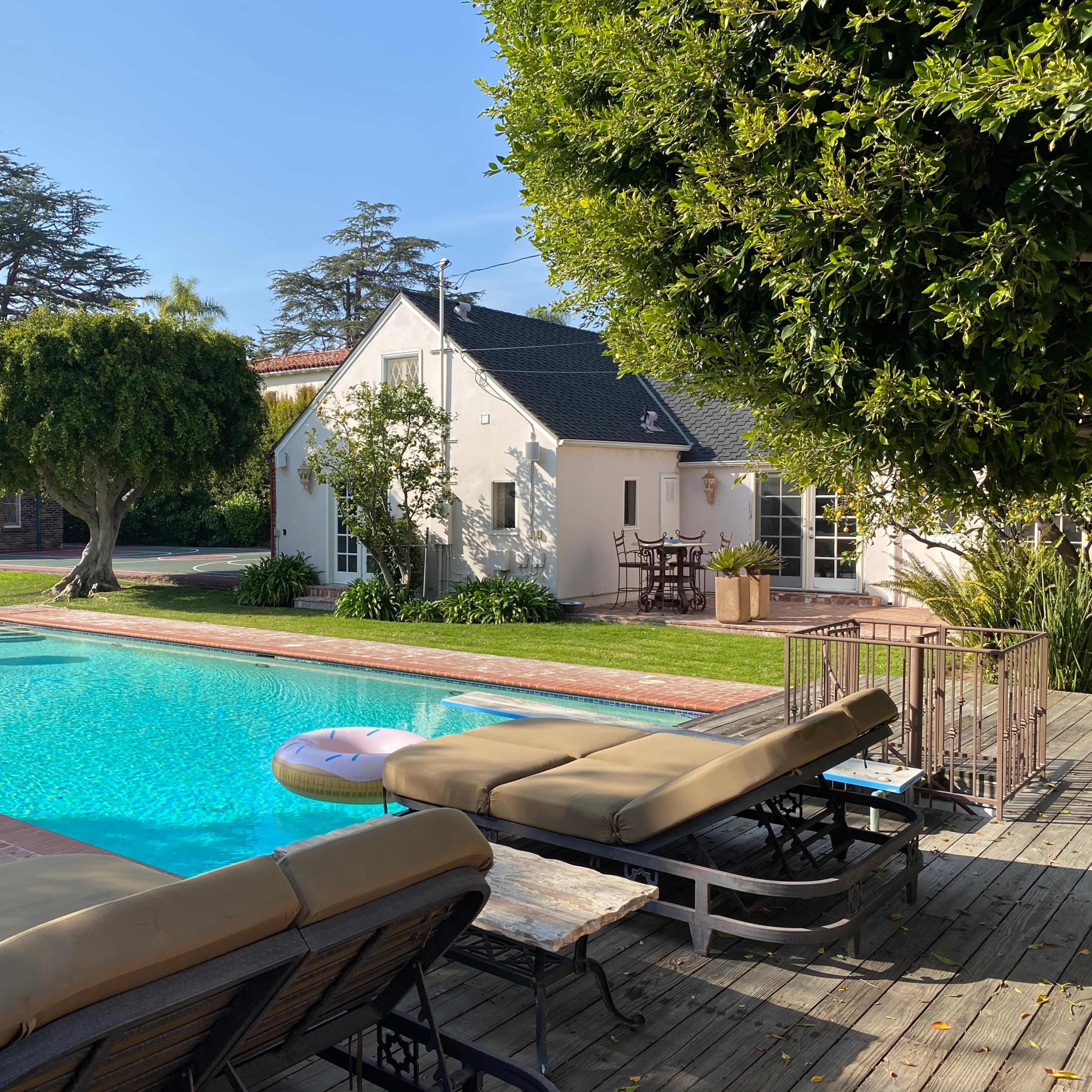 A backyard features a swimming pool surrounded by lounge chairs and a large tree, with a house visible in the background.