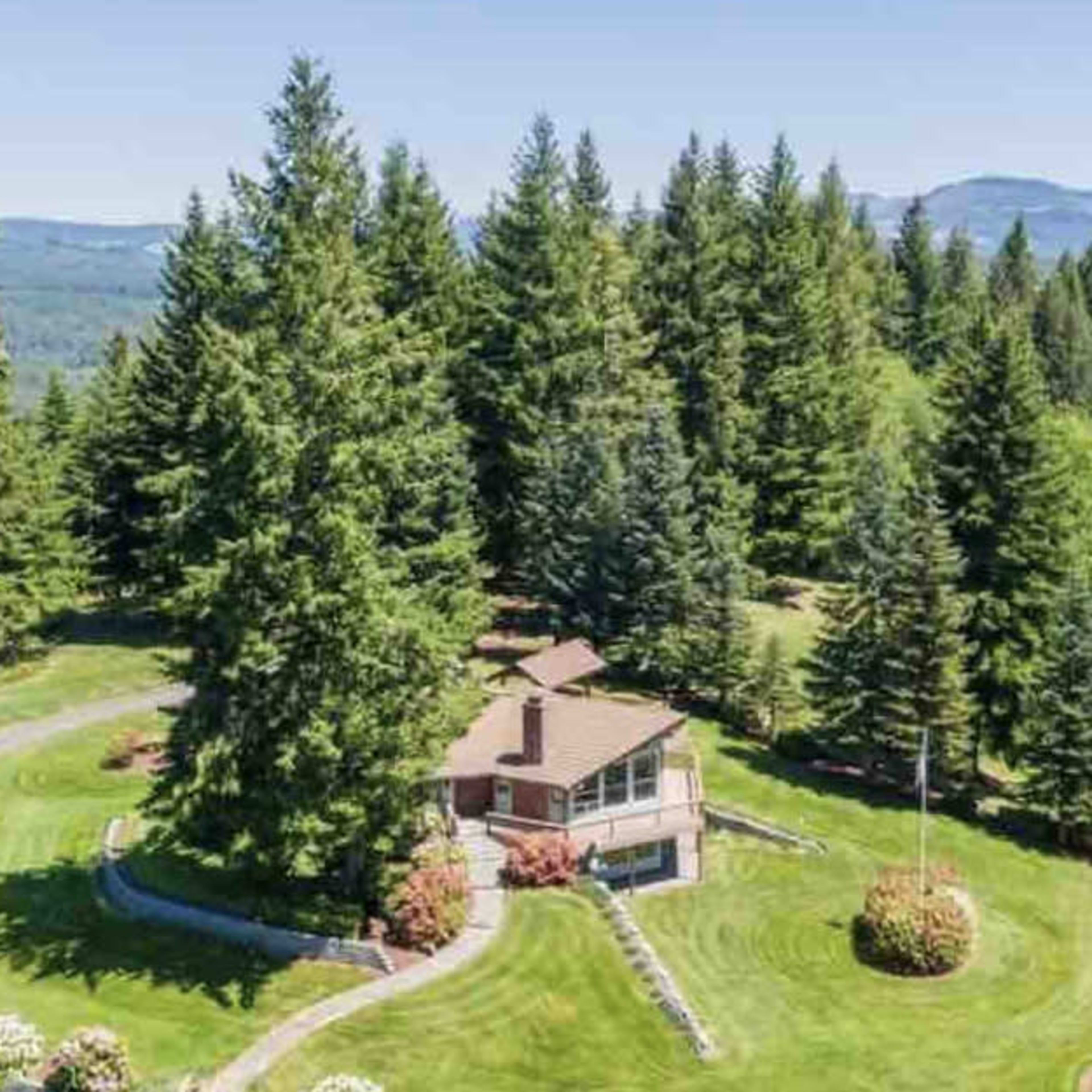 A house surrounded by trees sits on a landscaped property with a mountain in the background.