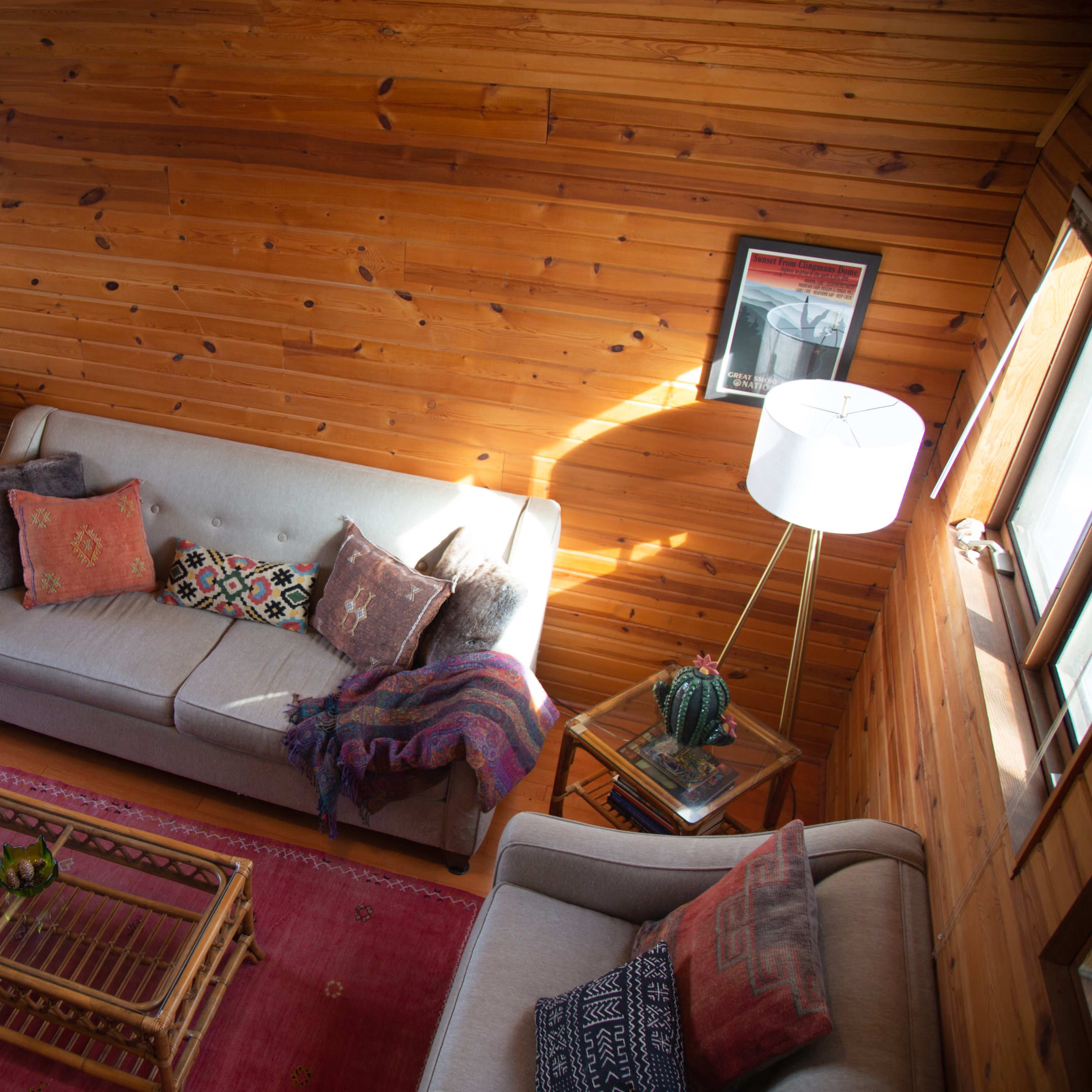 A cozy room with wooden walls, featuring two sofas, a coffee table, a floor lamp, and decorative plants.