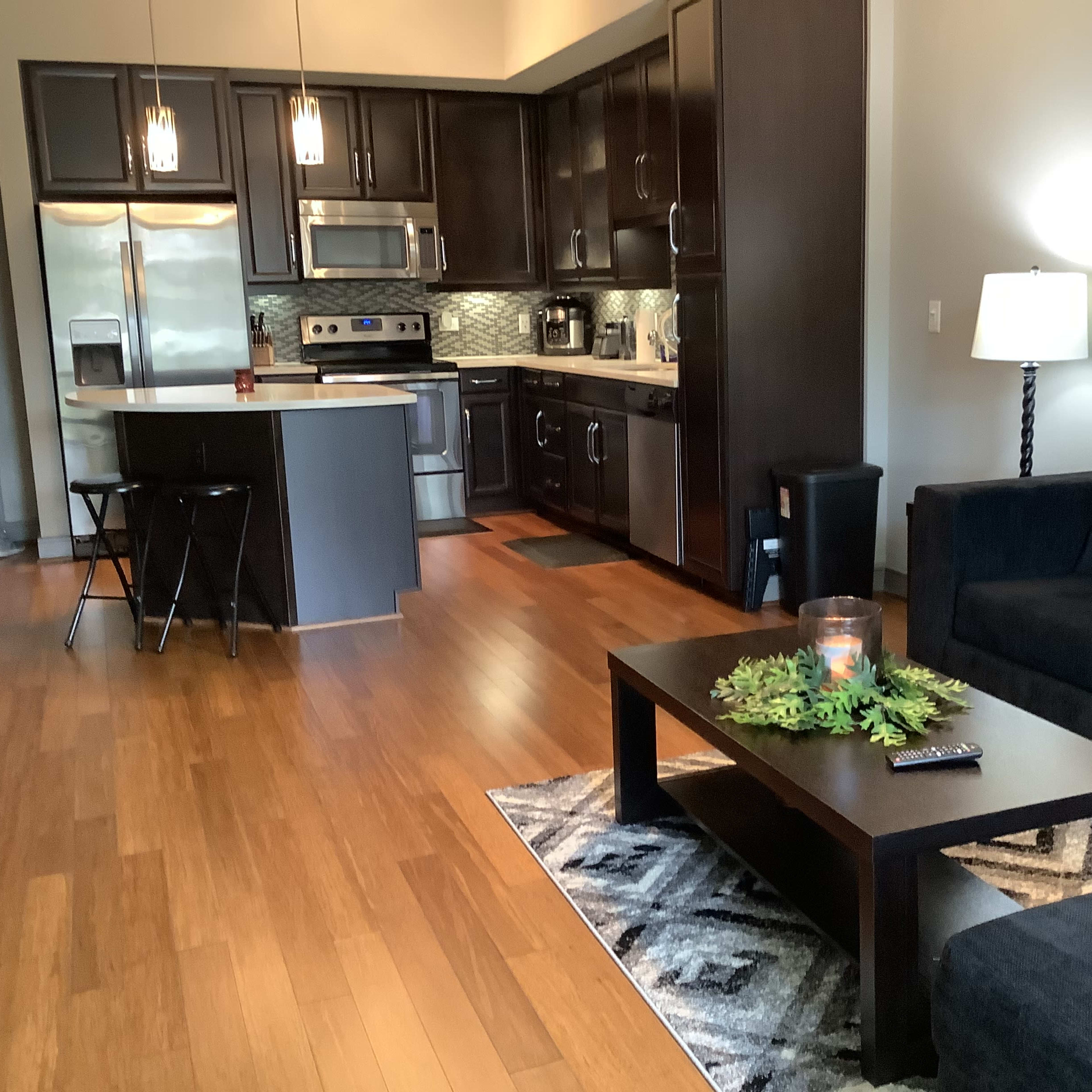 A modern open-concept living space featuring a kitchen with dark cabinetry and stainless-steel appliances, alongside a cozy seating area with a black sofa and a coffee table.