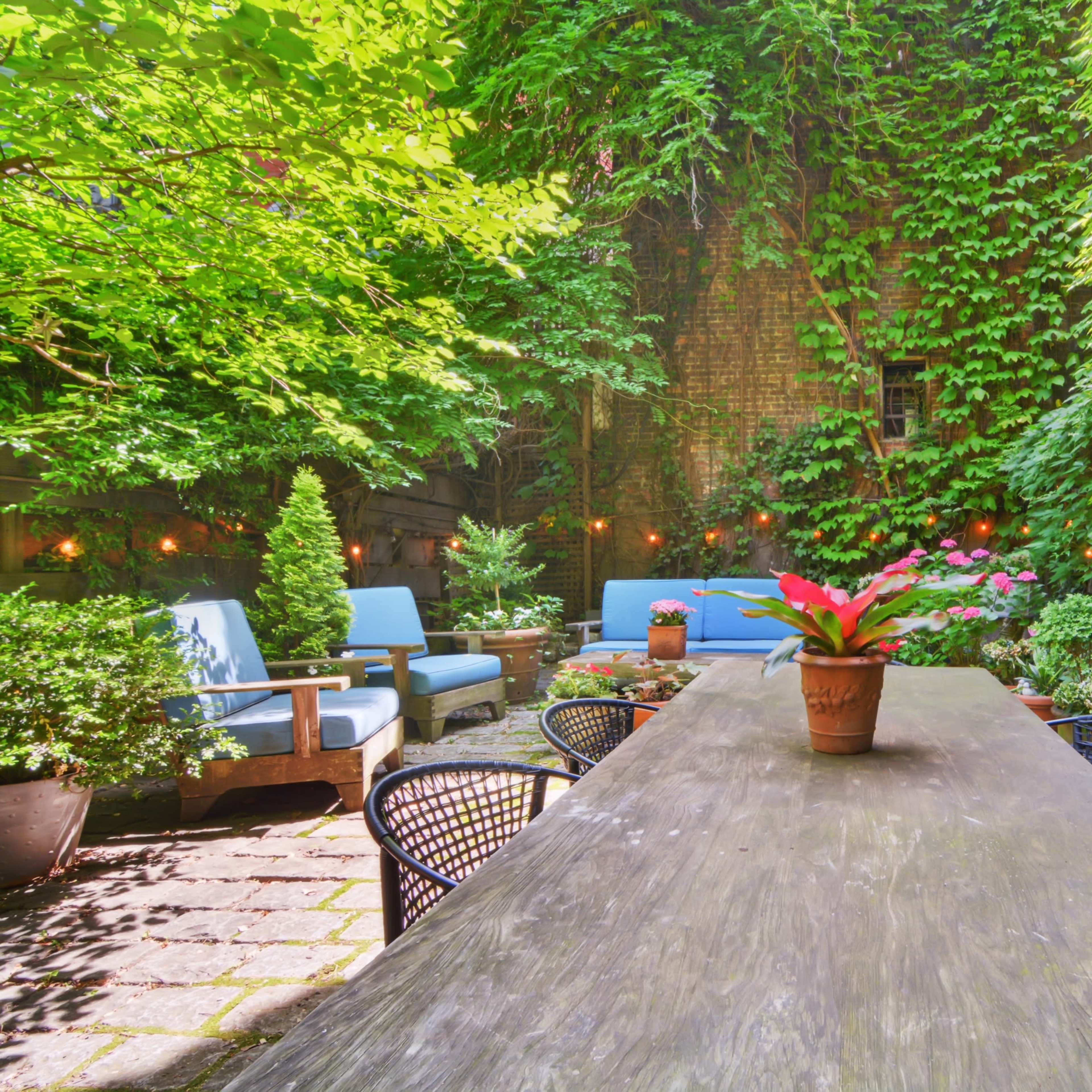 A wooden table surrounded by black chairs sits in a lush garden adorned with green foliage and various potted plants.