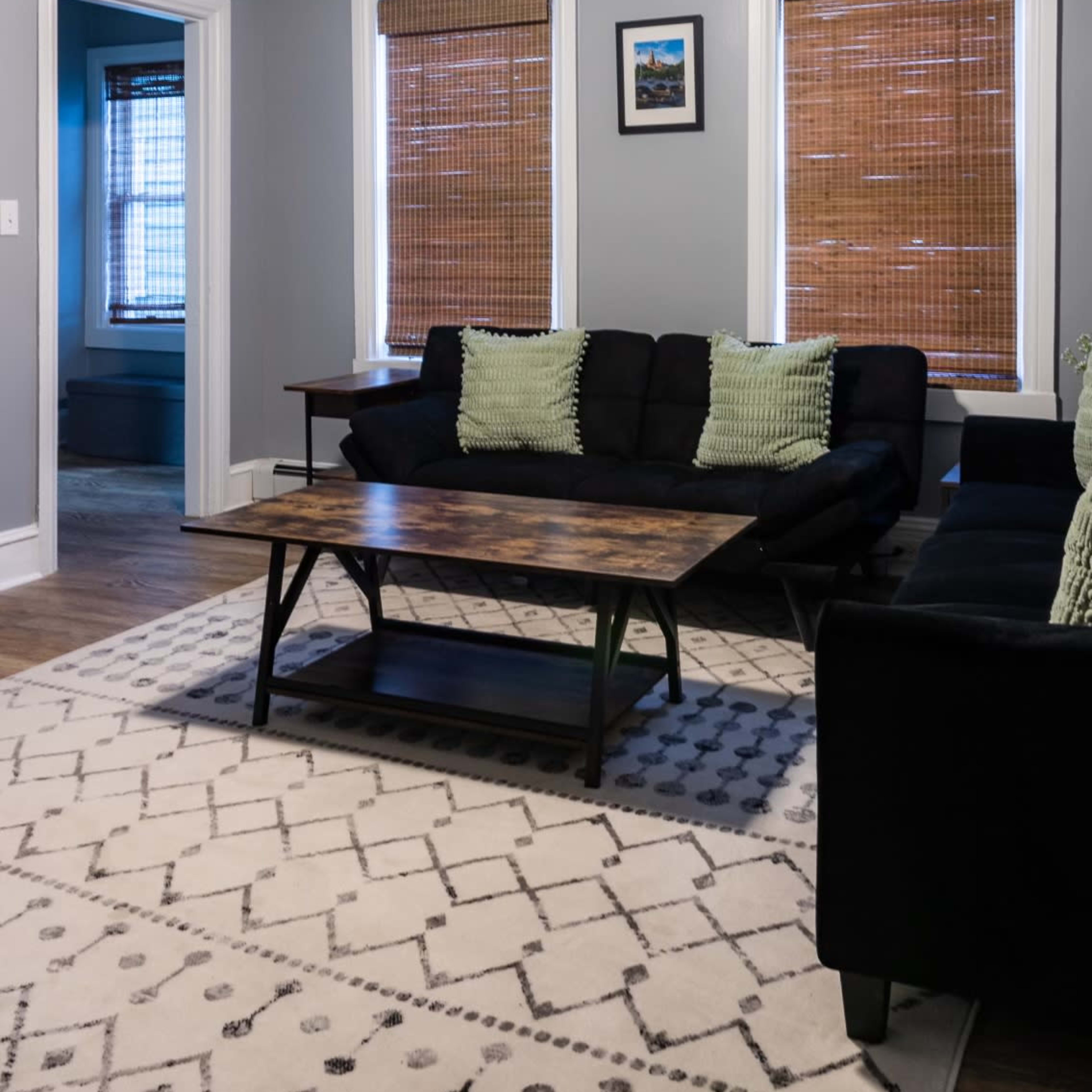 A living room features a black couch with green cushions, a wooden coffee table, and natural light coming through window blinds.