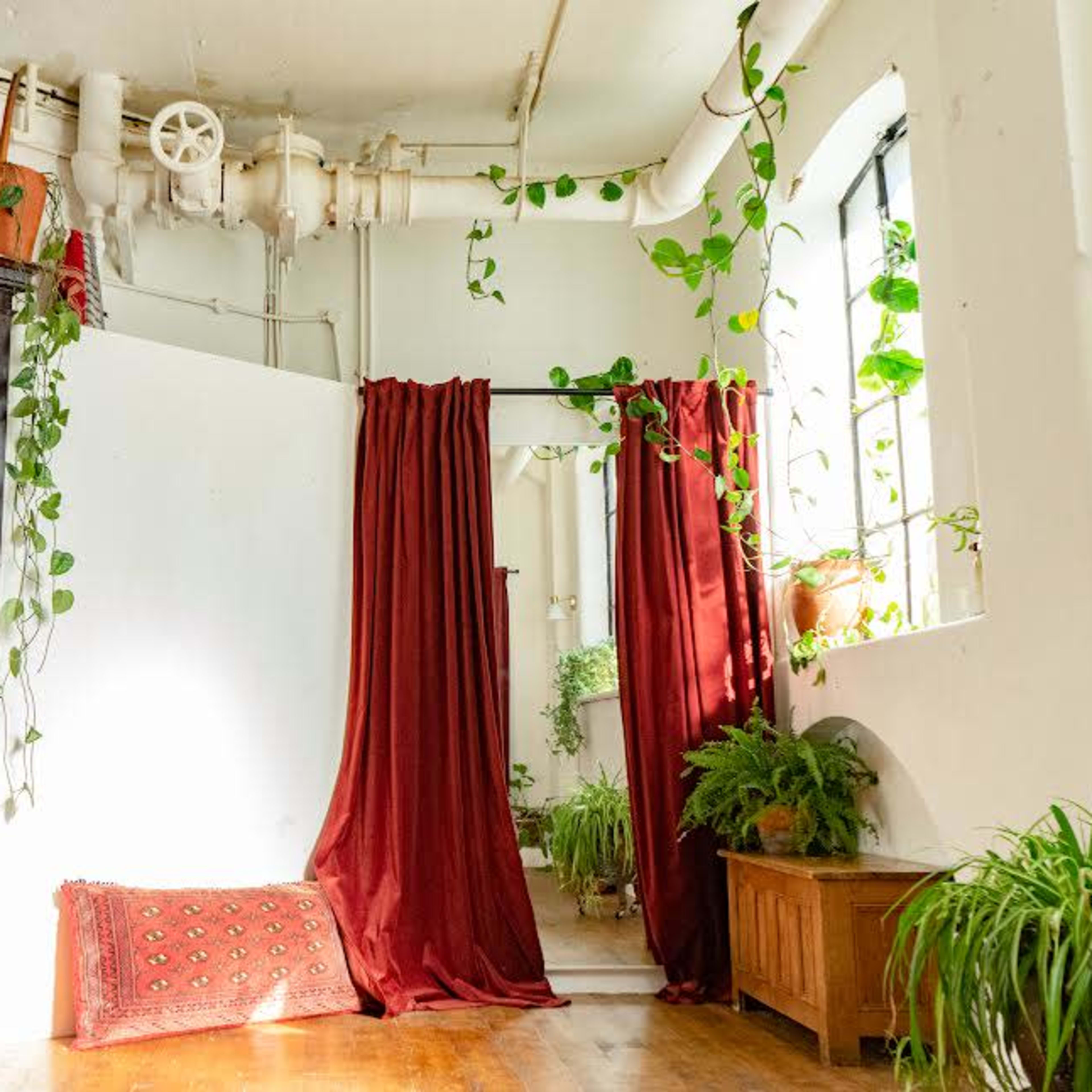 A room with wooden flooring, a dark cabinet, a mirror surrounded by plants, and red curtains hanging on a white wall.