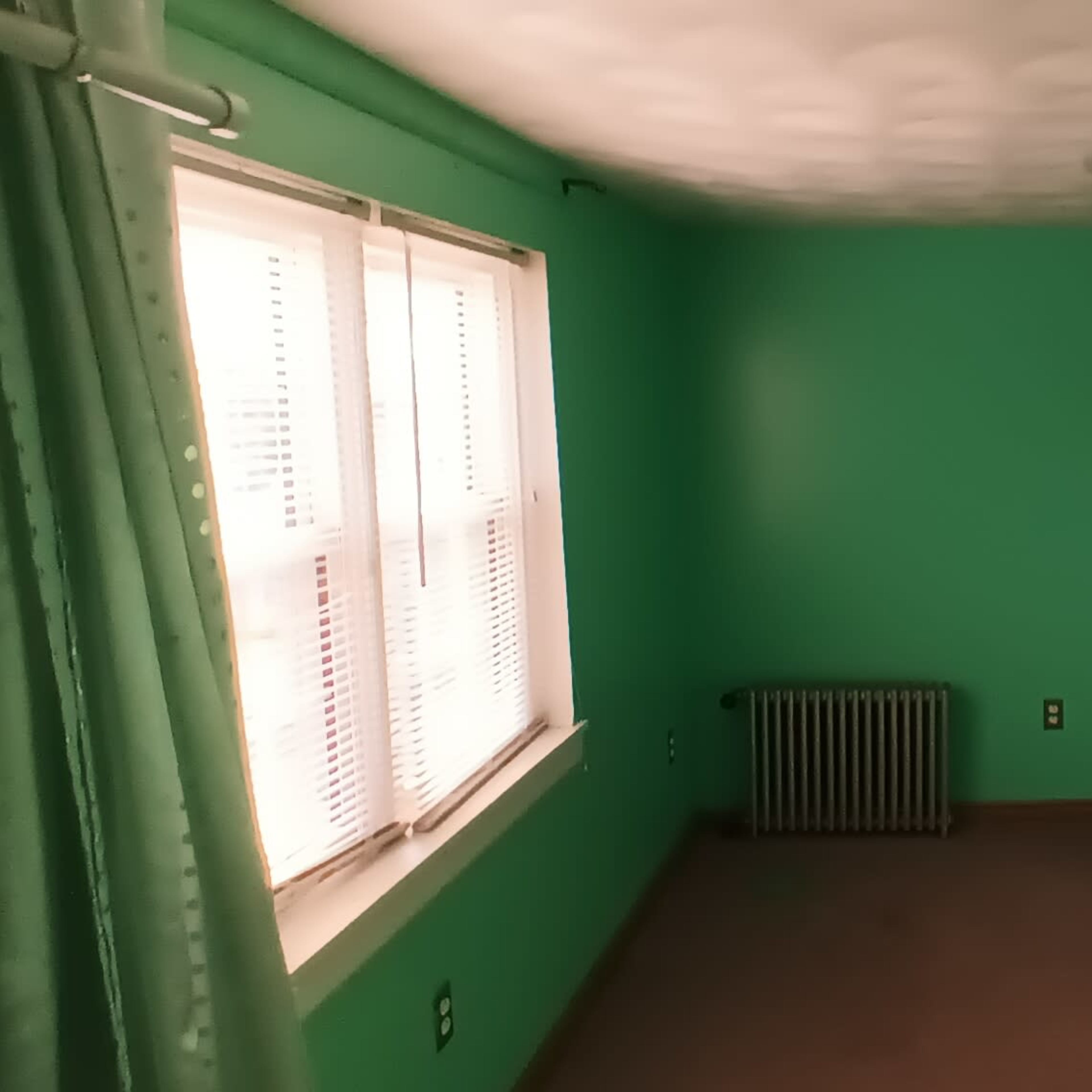 A room with mint green walls, two windows, and a radiator.