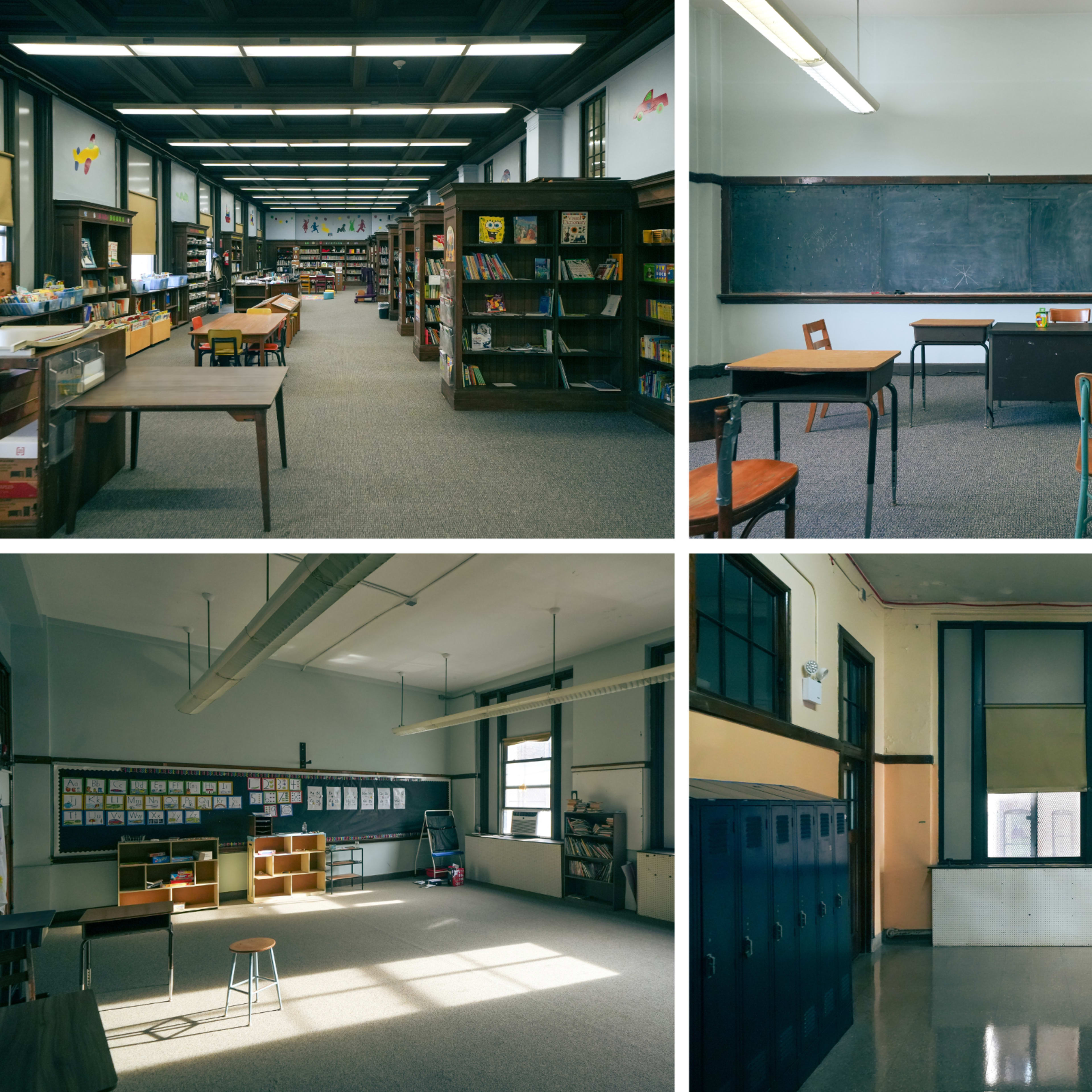 A series of four different classroom spaces featuring bookshelves, desks, chalkboards, and lockers.
