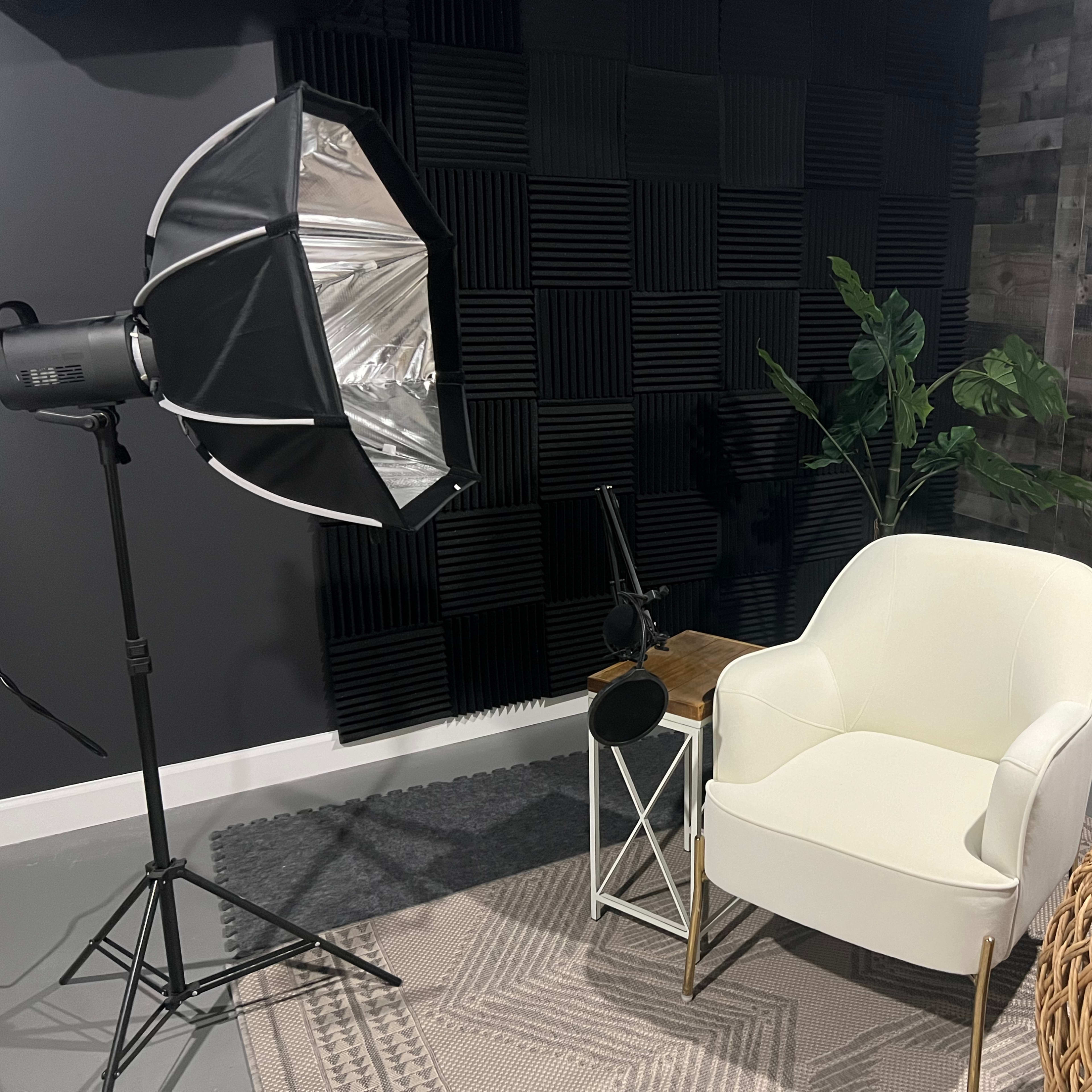 A minimalist interior setup with a white armchair, a plant, a small wooden table, and soft lighting equipment against a textured wall.