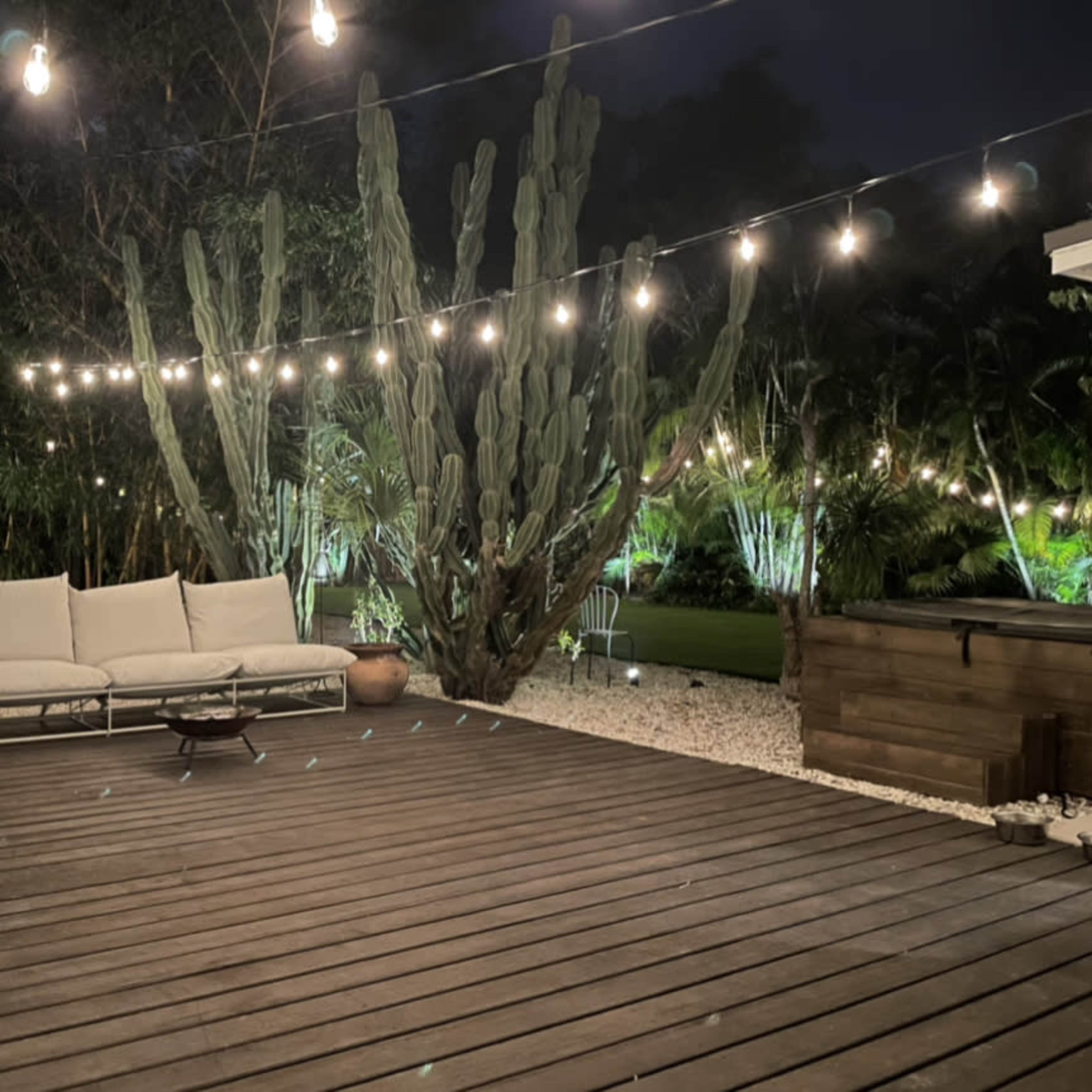 A wooden deck illuminated with string lights, featuring a couch and a large cactus in a landscaped garden at night.