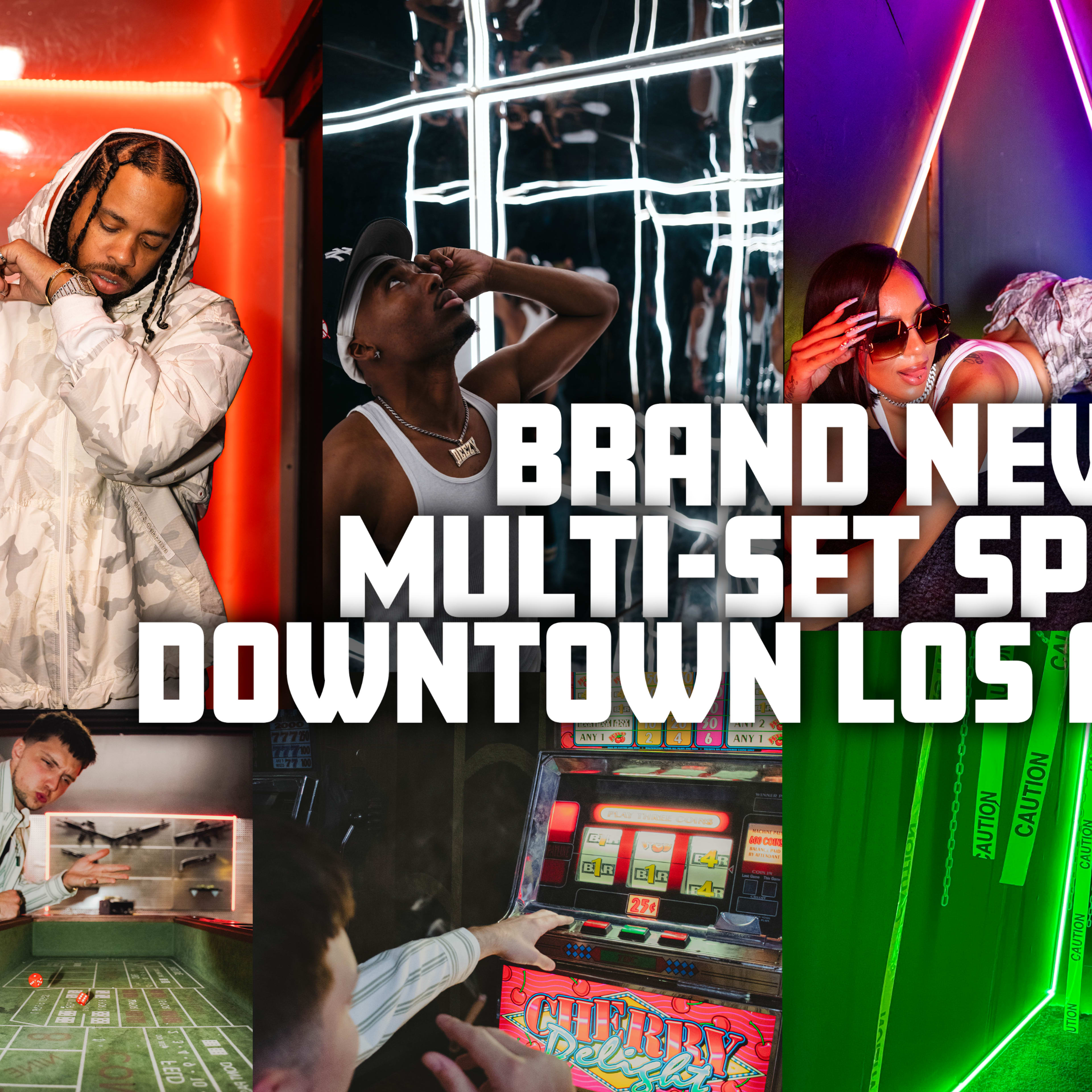 A promotional image showcases various individuals interacting with vibrant, multi-set environments in a newly opened space in downtown Los Angeles.