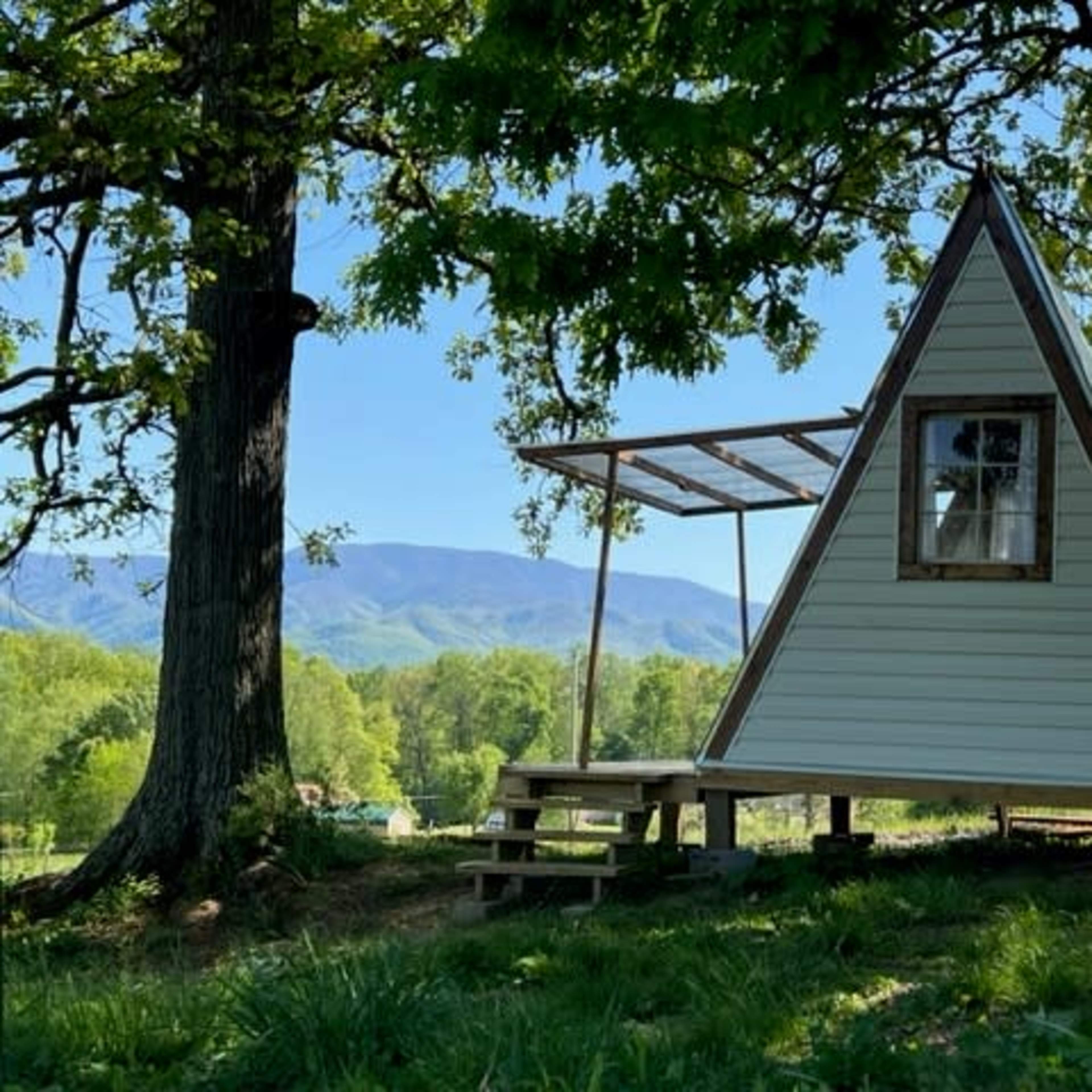 A triangular-shaped cabin with a wooden deck, situated in a grassy area under a large tree, with mountains visible in the background.