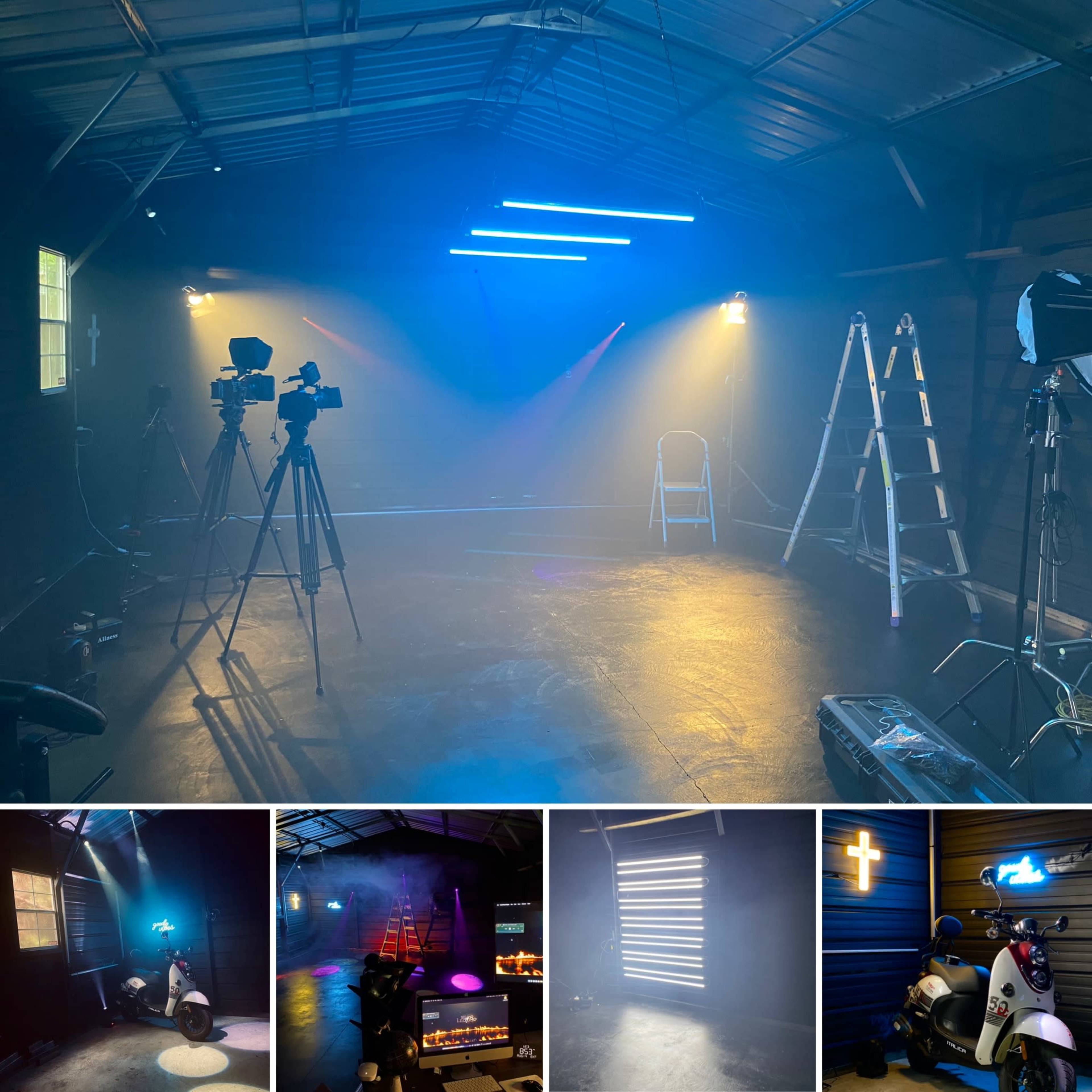 A dimly lit studio space with cameras, lighting equipment, a chair, and a ladder, all surrounded by a soft haze.