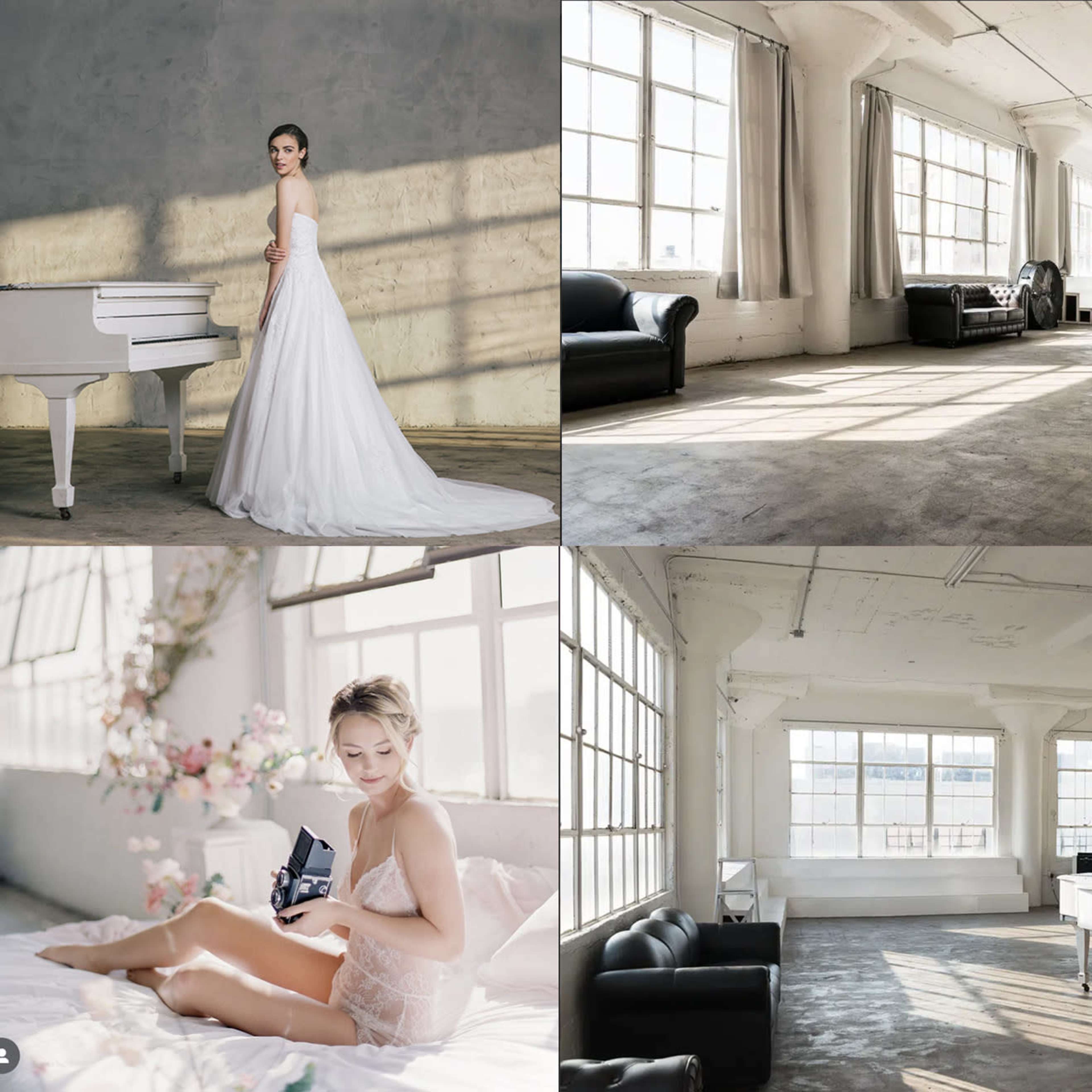 Beautiful White Loft Studio with White Piano, Steps, Lots of Daylight, Concrete & Wood Walls, Big Framed Windows - ART 1 Image in Central LA, Los Angeles, CA