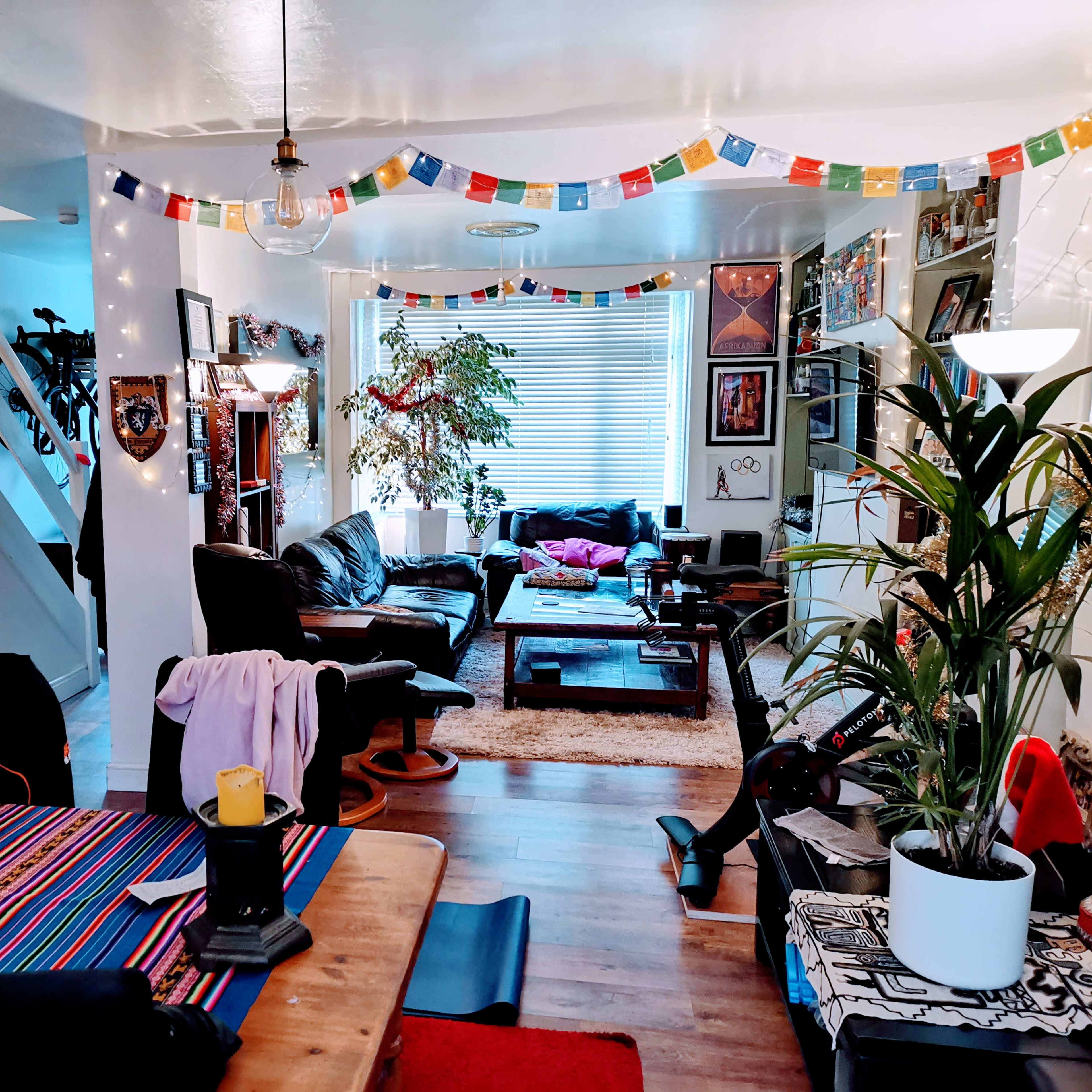 A cozy living room and dining area featuring a patterned tablecloth, a large plant, and colorful decorations strung across the ceiling.