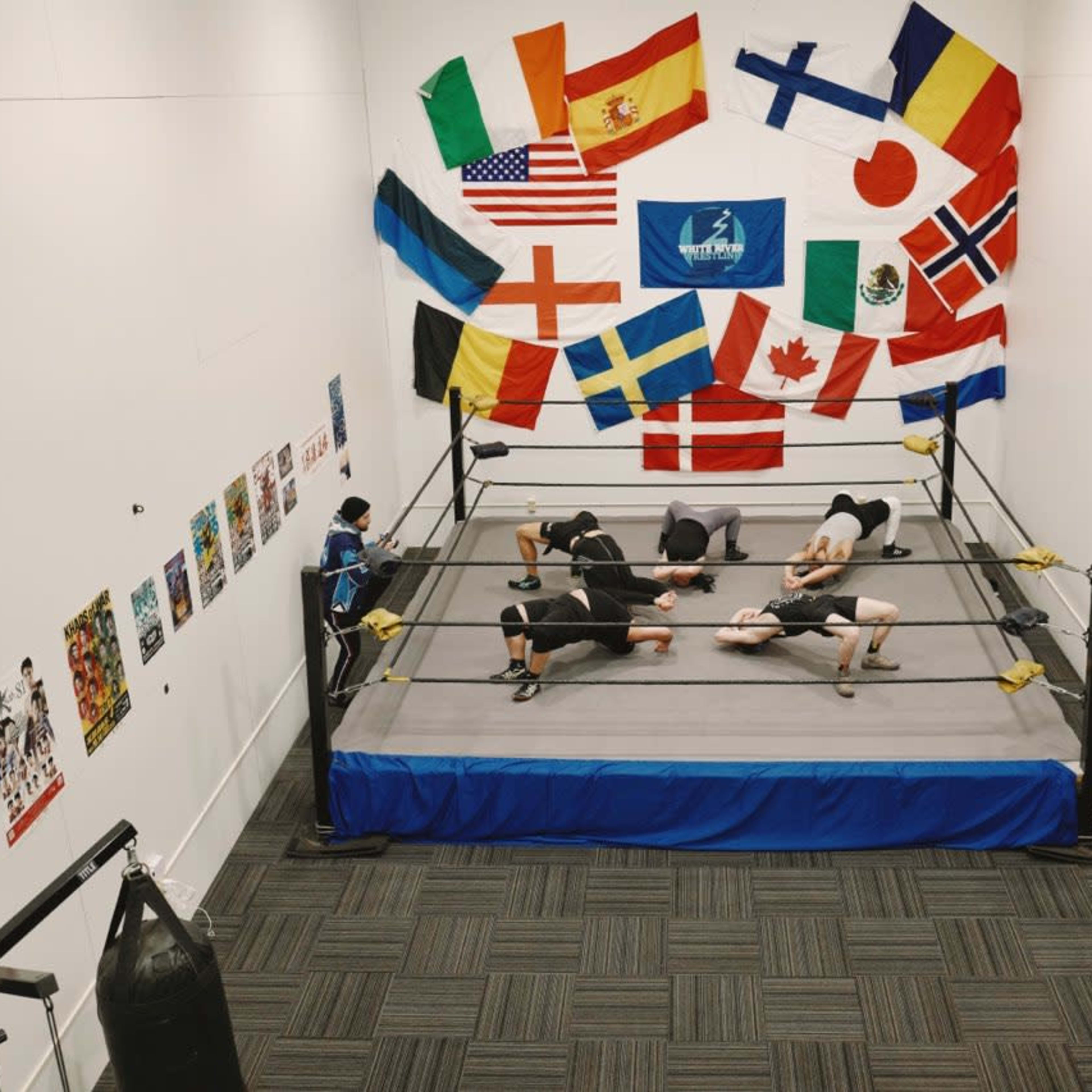 A wrestling gym features a central ring surrounded by various national flags and posters on the walls.
