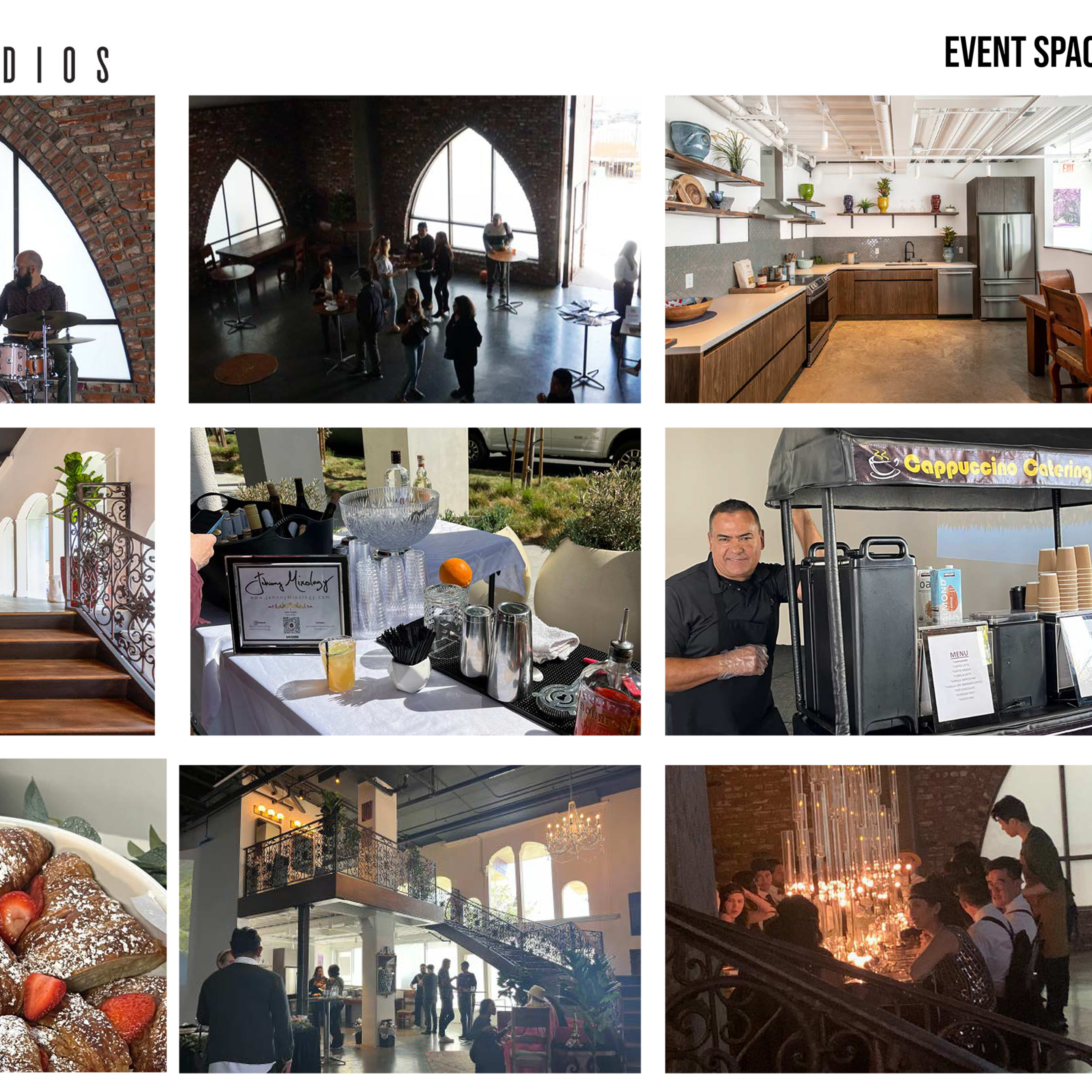 Solar Studios features a variety of settings for events, including a performance area with a band, a modern kitchen space, open areas with decorative railings, and dining options with food and drinks.