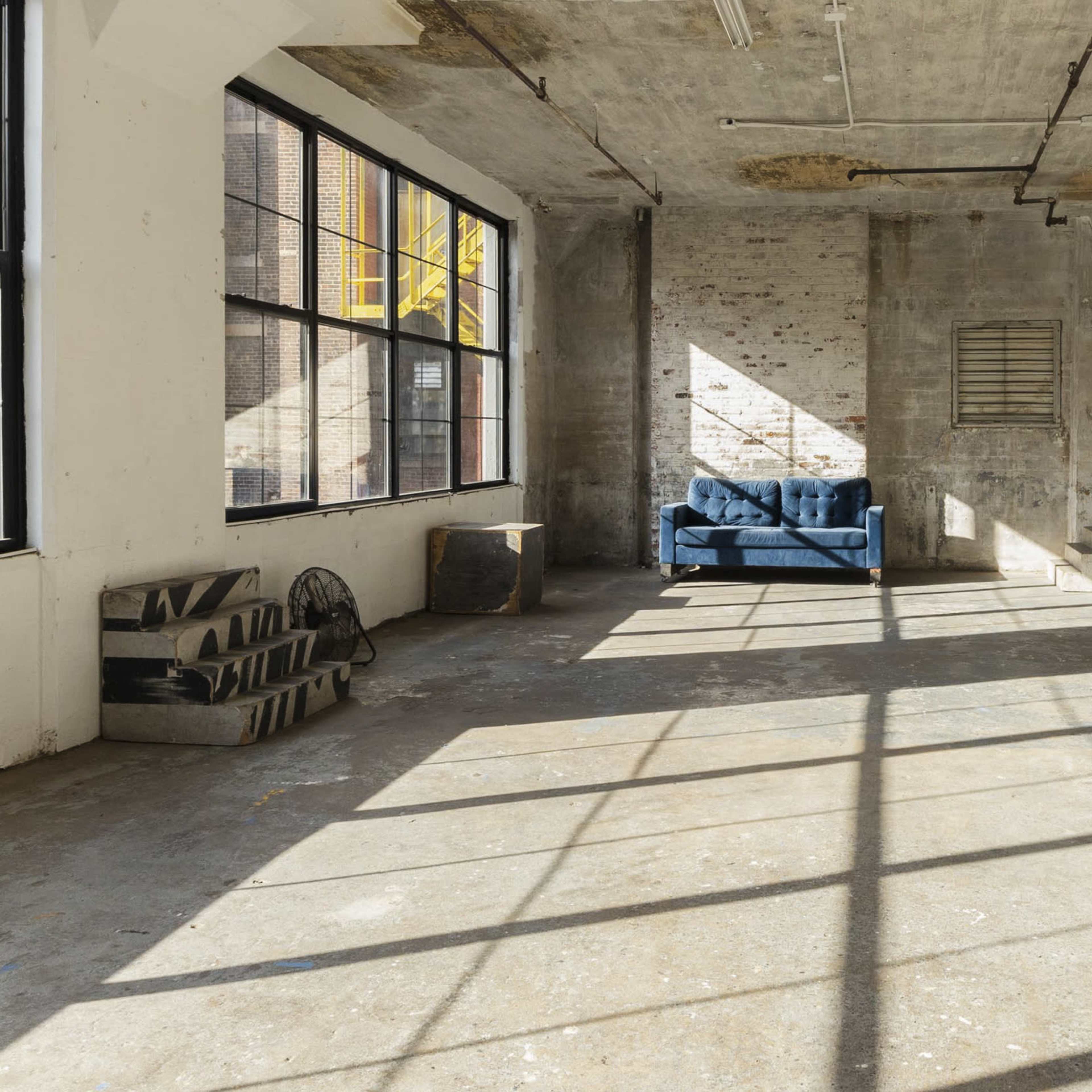 An empty industrial room features a blue couch, a table with stools, and large windows casting shadows on the concrete floor.