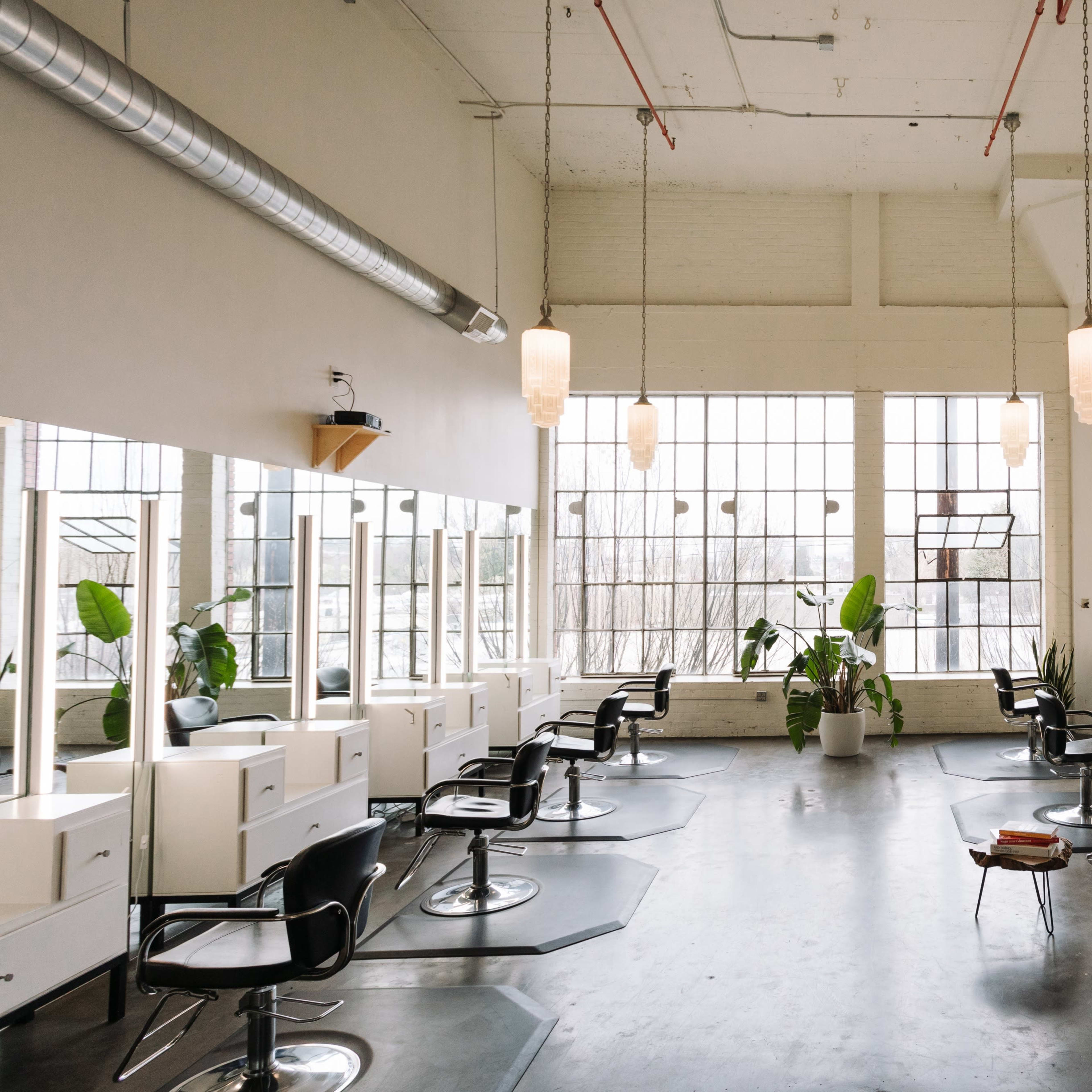 A spacious hair salon with several styling stations, large windows, and decorative plants.