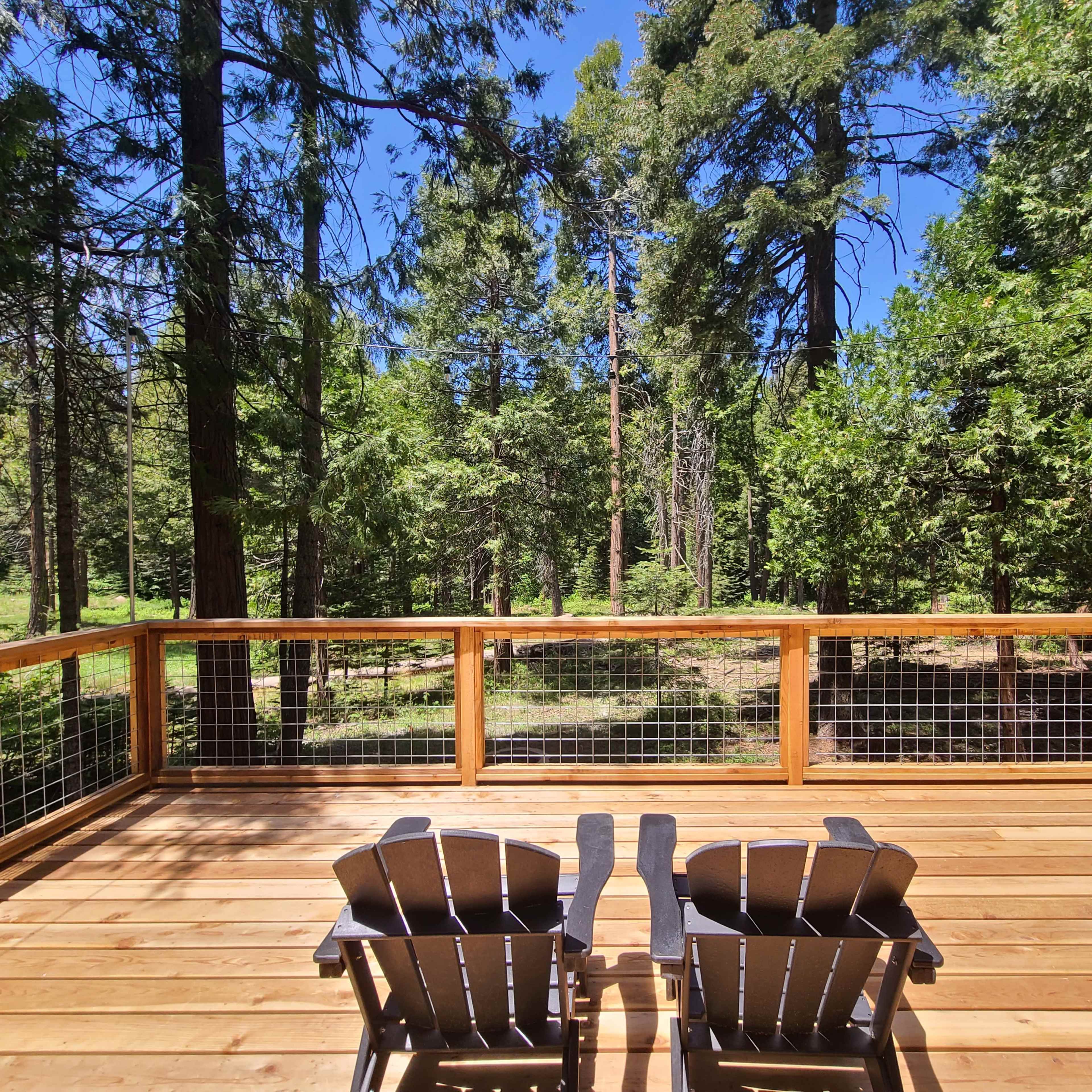 A wooden deck with two chairs overlooks a forested area filled with tall trees.