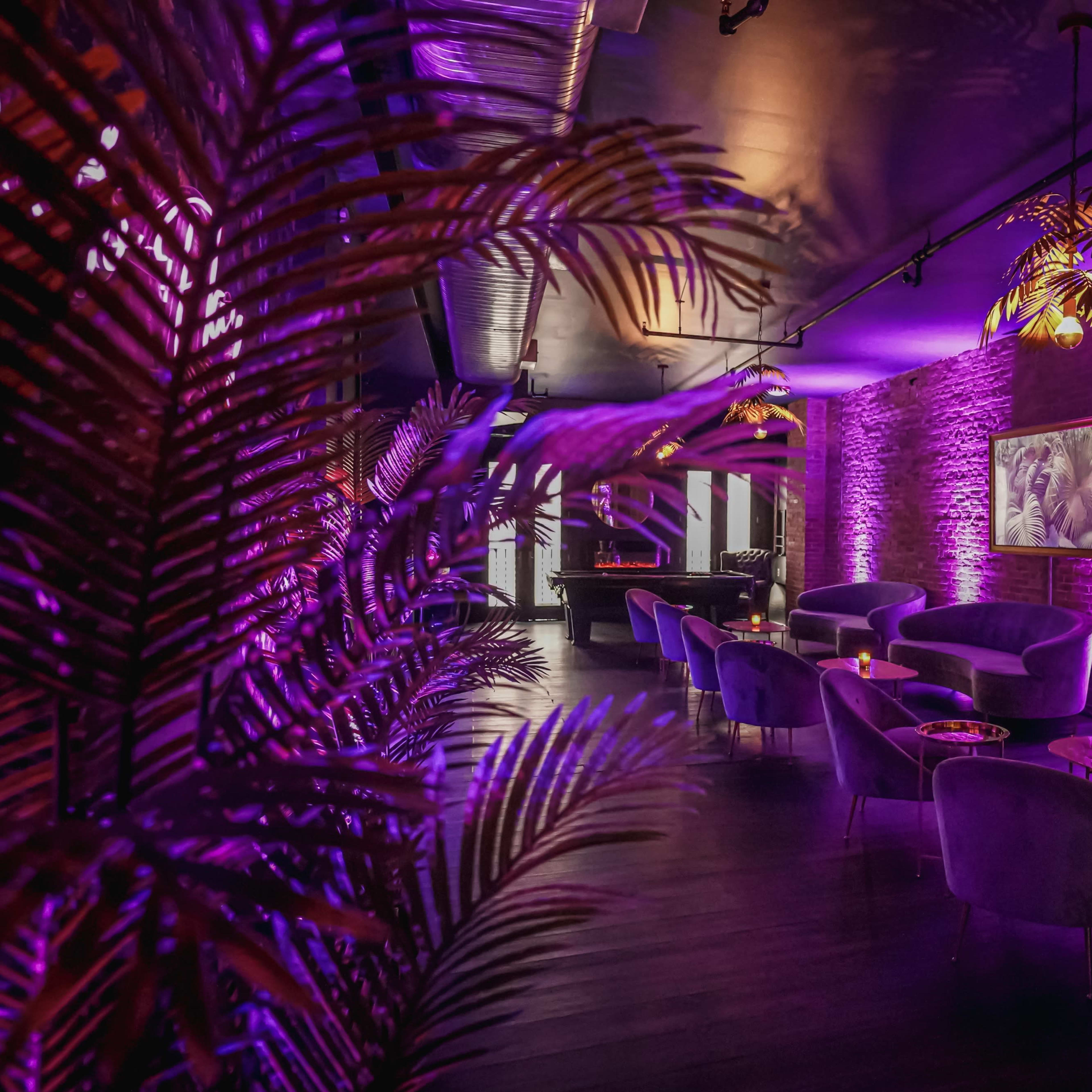 A lounge area features purple-lit walls, plush seating, and decorative plants, creating an intimate atmosphere.