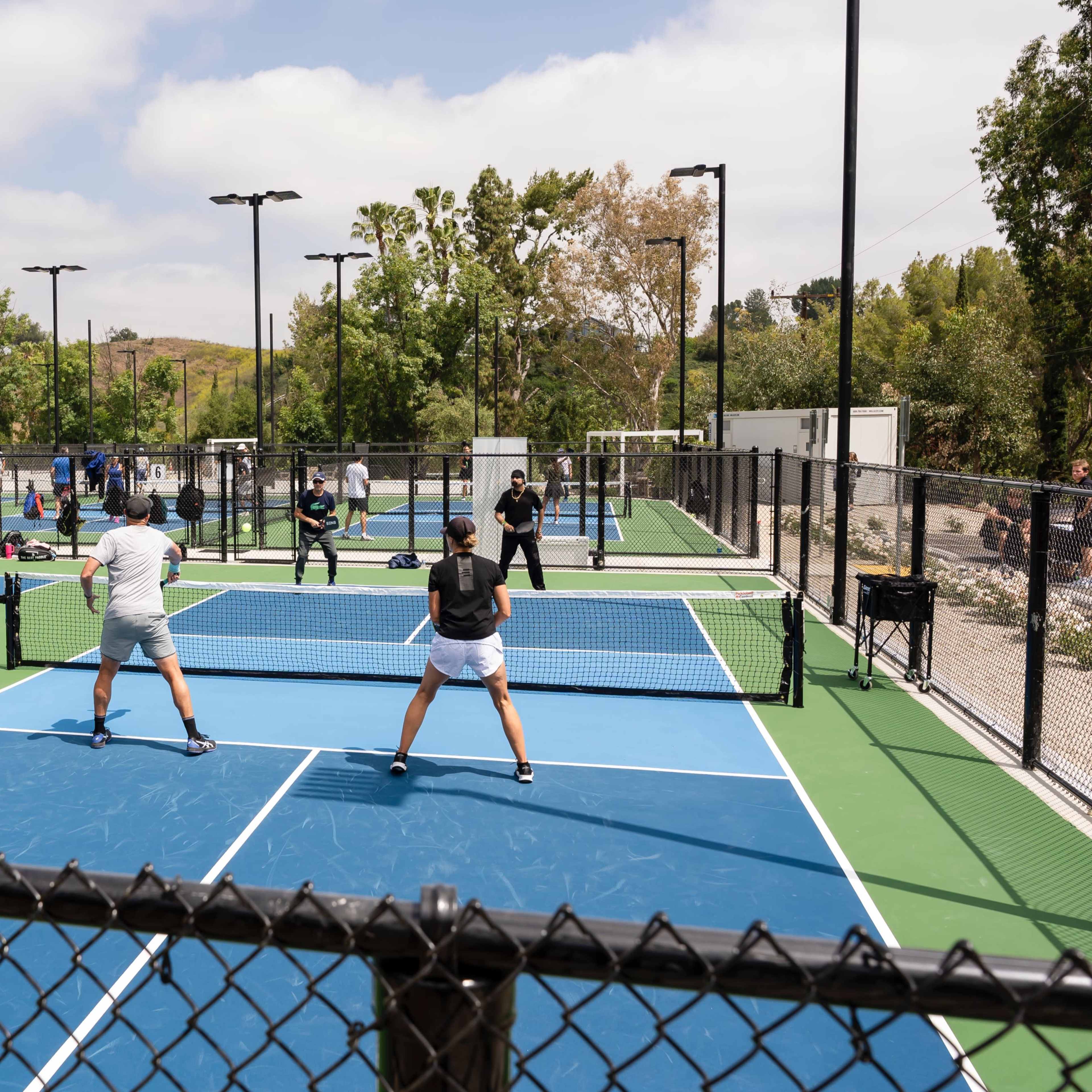 Players engage in a doubles match on pickleball courts surrounded by palm trees and a blue sky.
