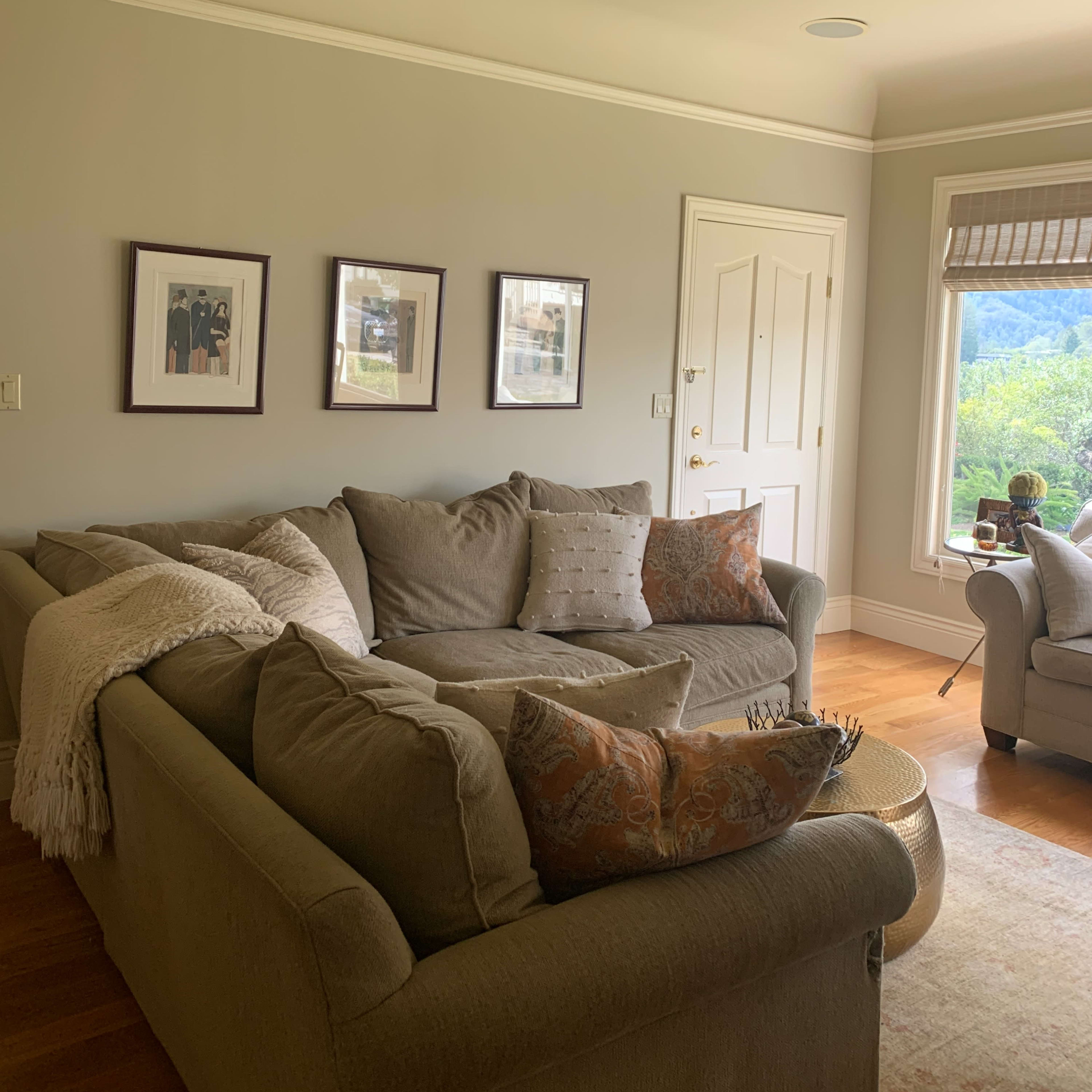 A cozy living room with a gray sofa and framed artwork on the wall, next to a door and a window with a view of greenery outside.