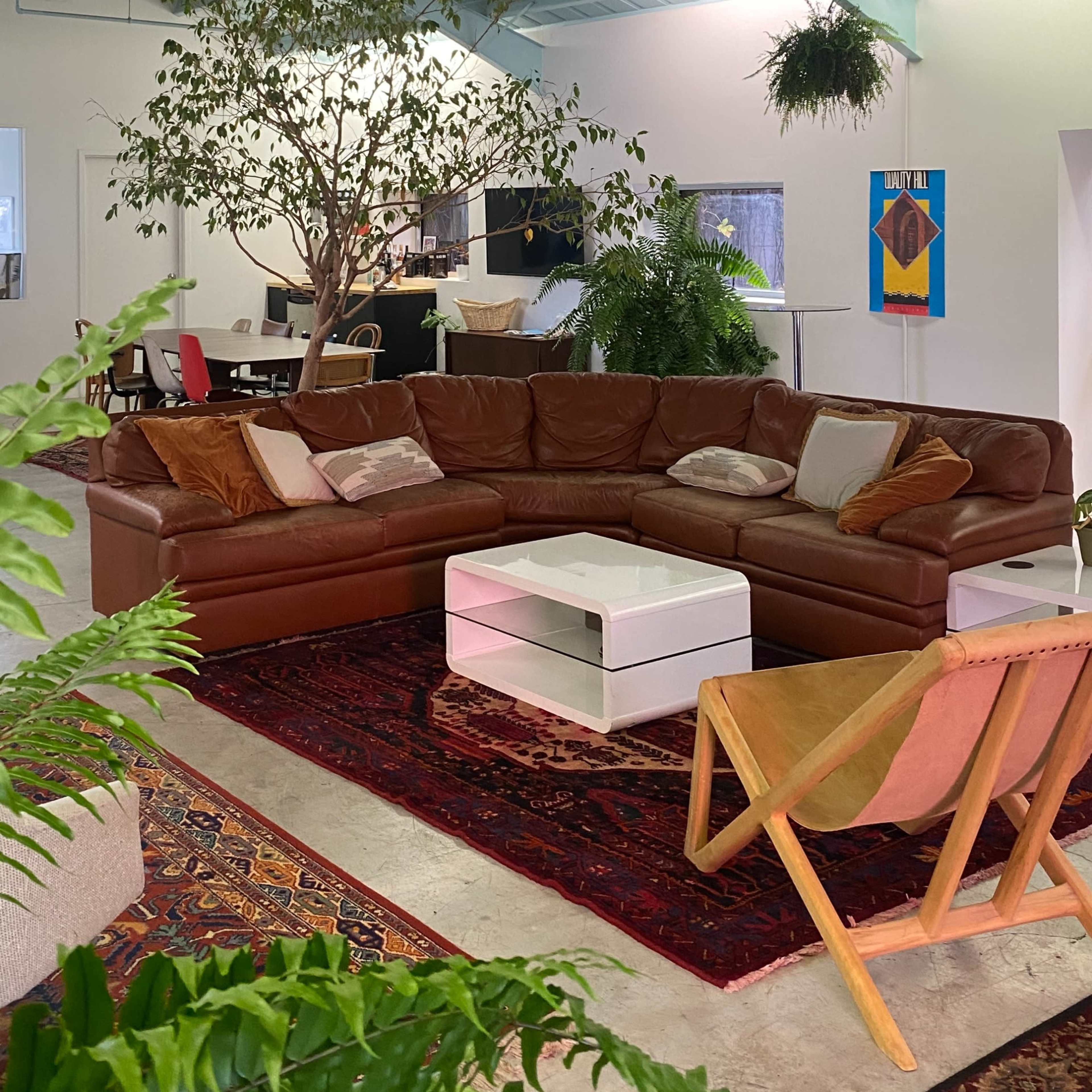 A spacious living area with a large brown sectional sofa, a white coffee table, and various plants against a backdrop of a light blue ceiling.