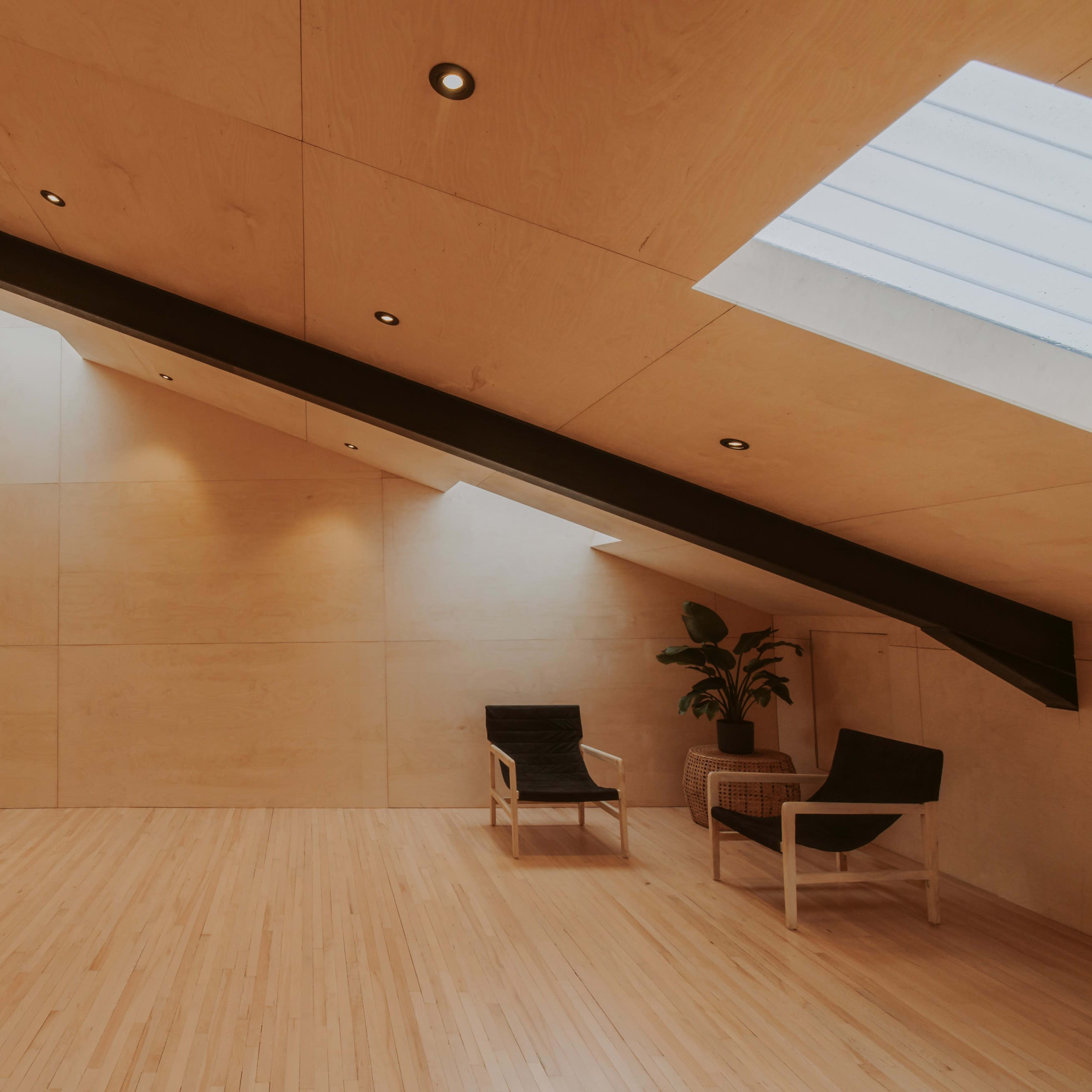 A minimalistic room with a slanted ceiling, two chairs, a small plant, and skylights along the roof.