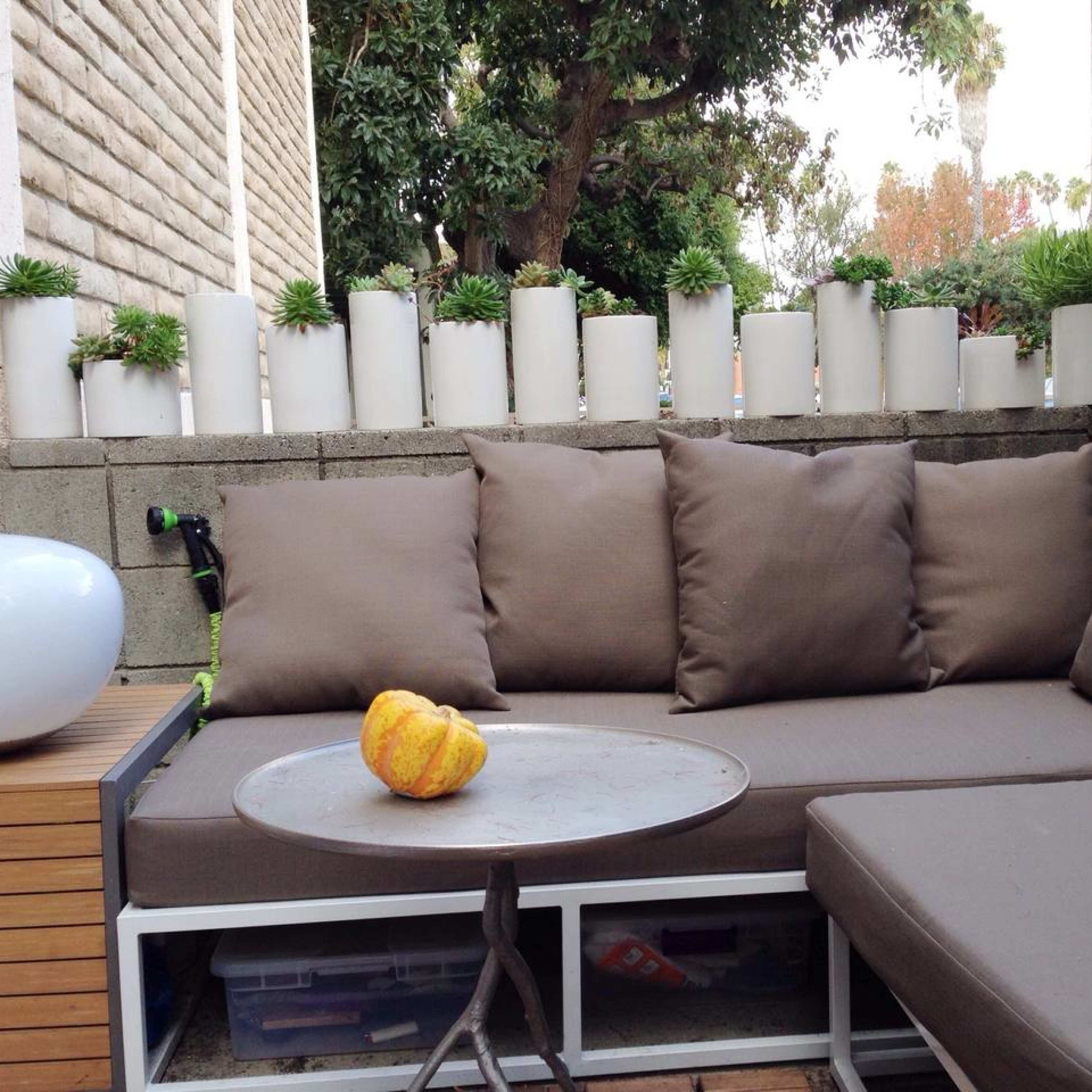 A corner seating area features a brown cushion sofa with a small round table topped by an orange object, surrounded by white plant pots and greenery.