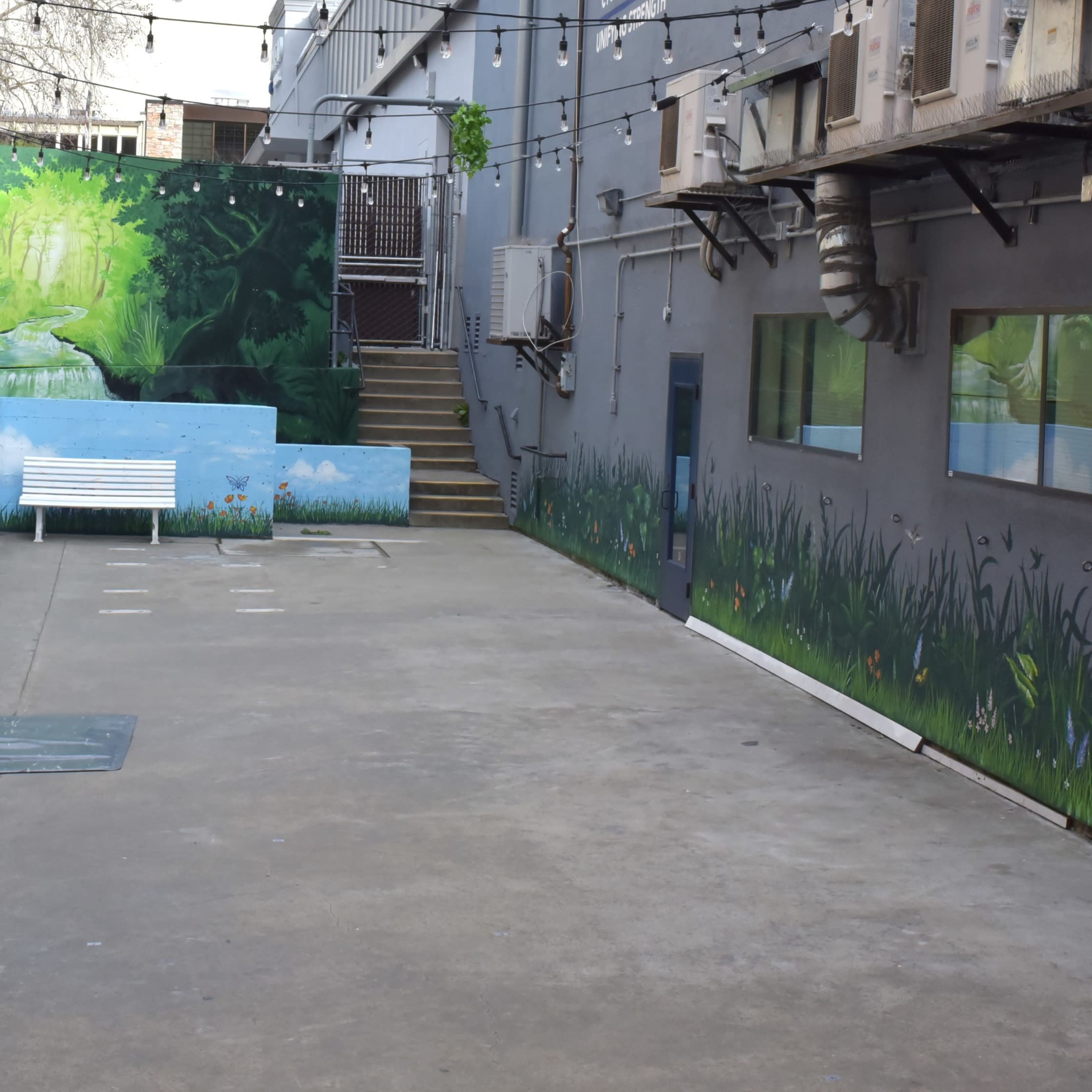 A narrow courtyard with a paved area, bordered by walls featuring colorful murals of nature and a white bench along one side.