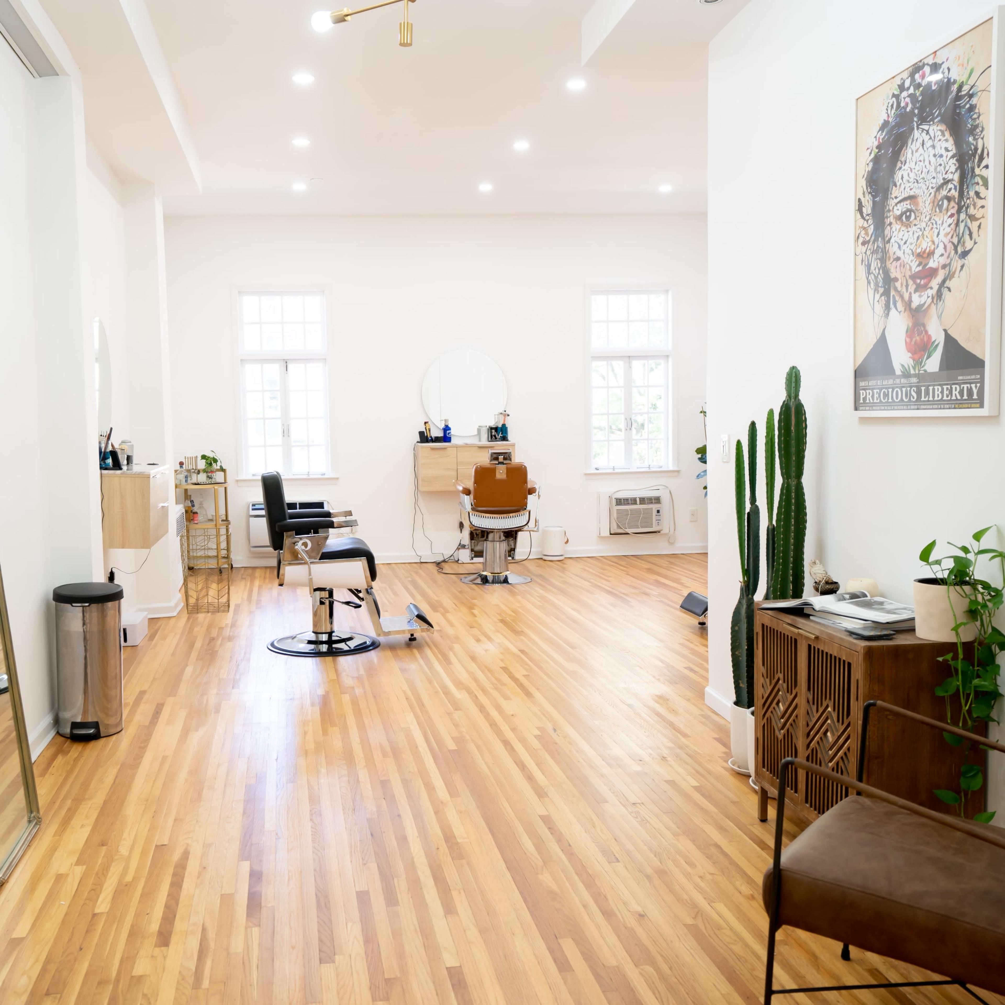 A well-lit salon features wooden flooring, a large mirror, hair styling stations, and green plants.