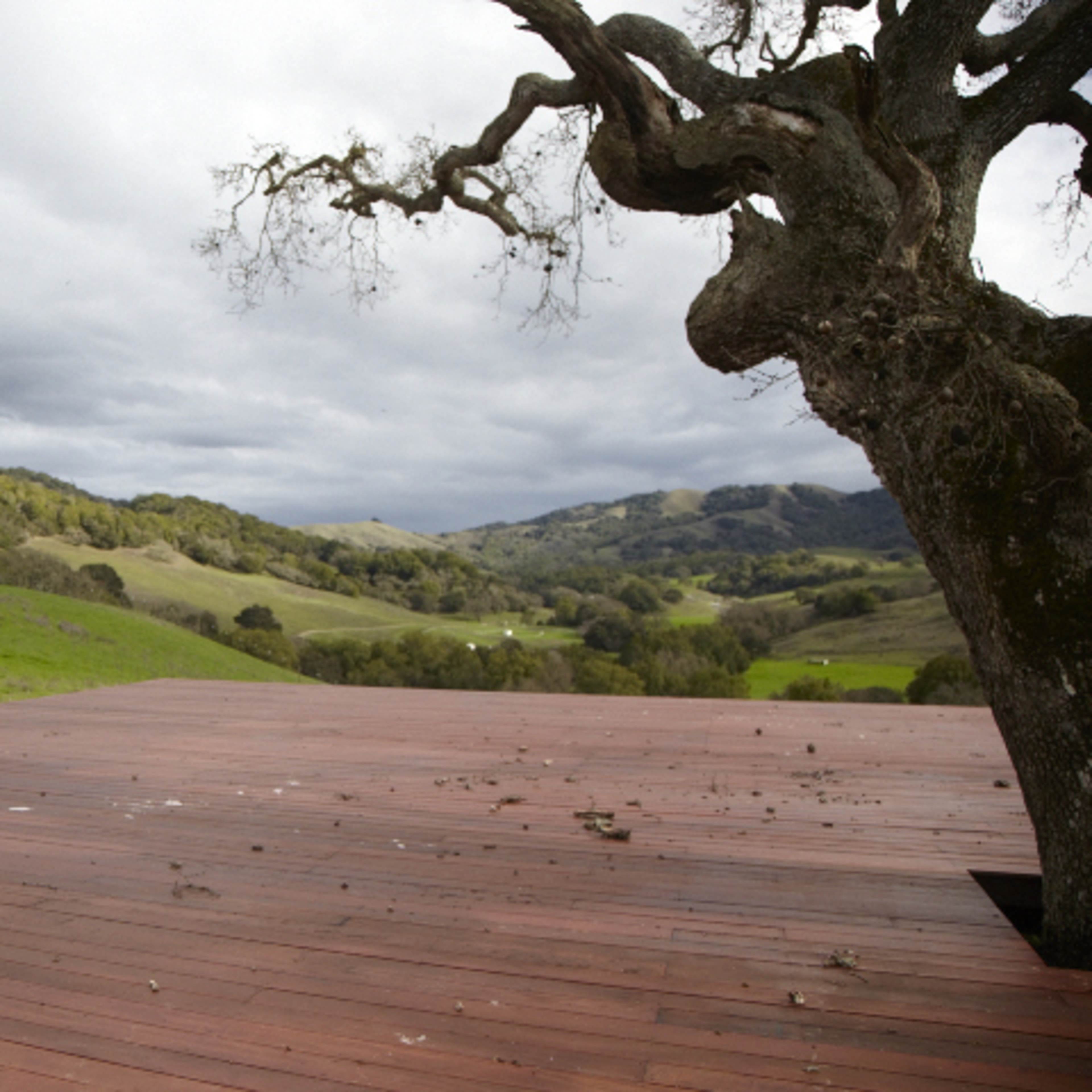 A wooden deck extends out into a green landscape with rolling hills under a mostly cloudy sky.