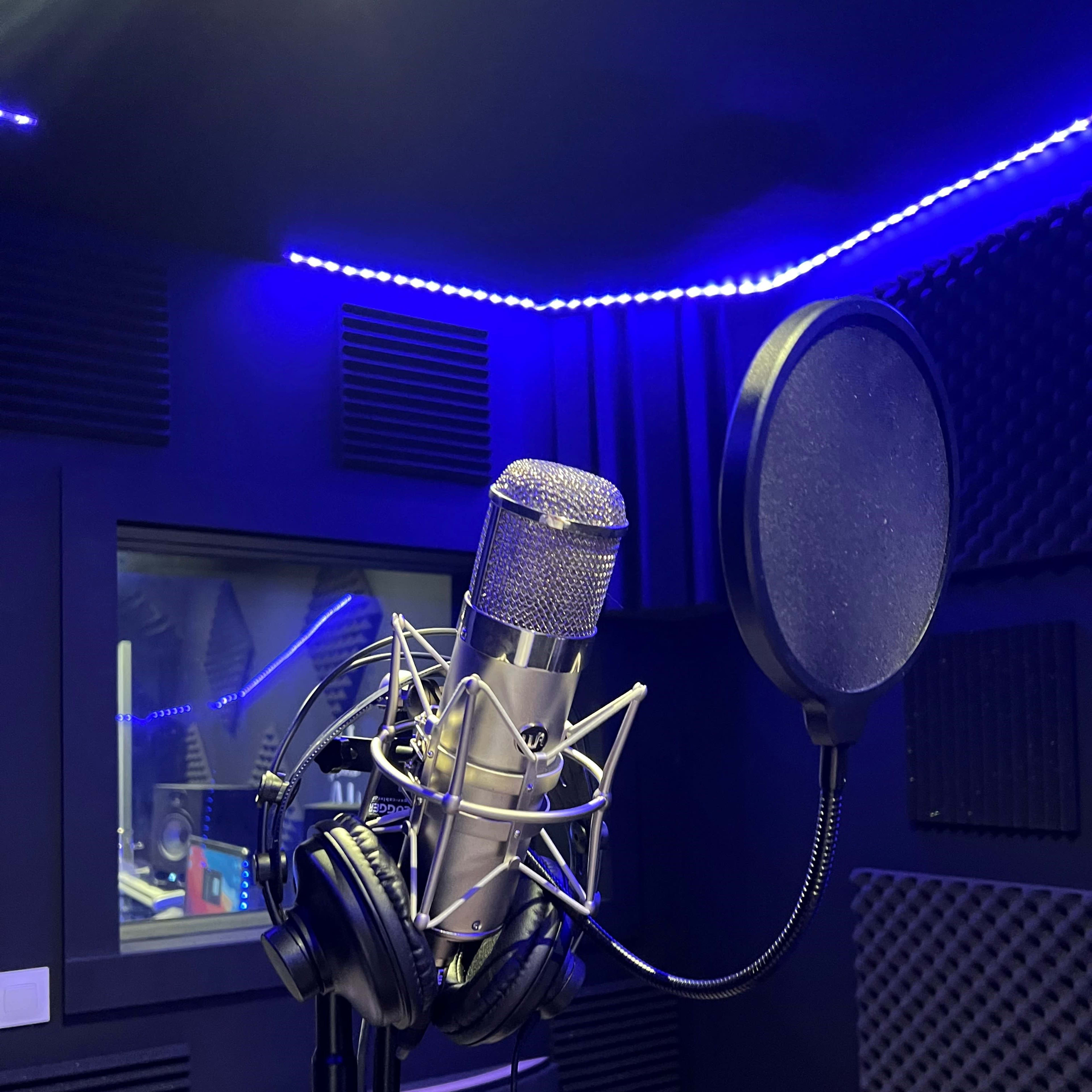 A professional microphone is mounted on a stand in a sound studio, surrounded by acoustic panels and LED lights.