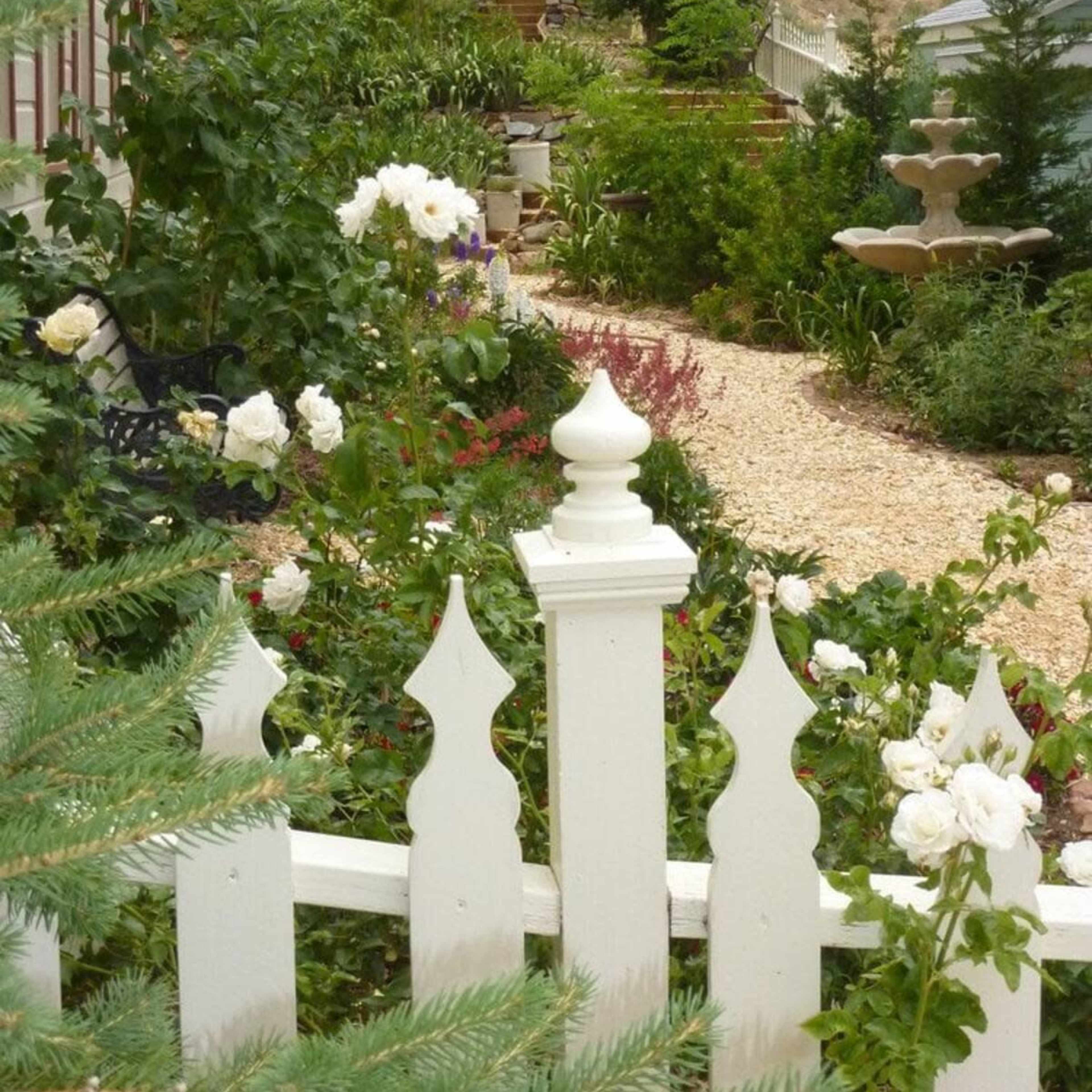A white picket fence borders a gravel path that leads through a garden filled with various plants and flowers, featuring a fountain in the background.