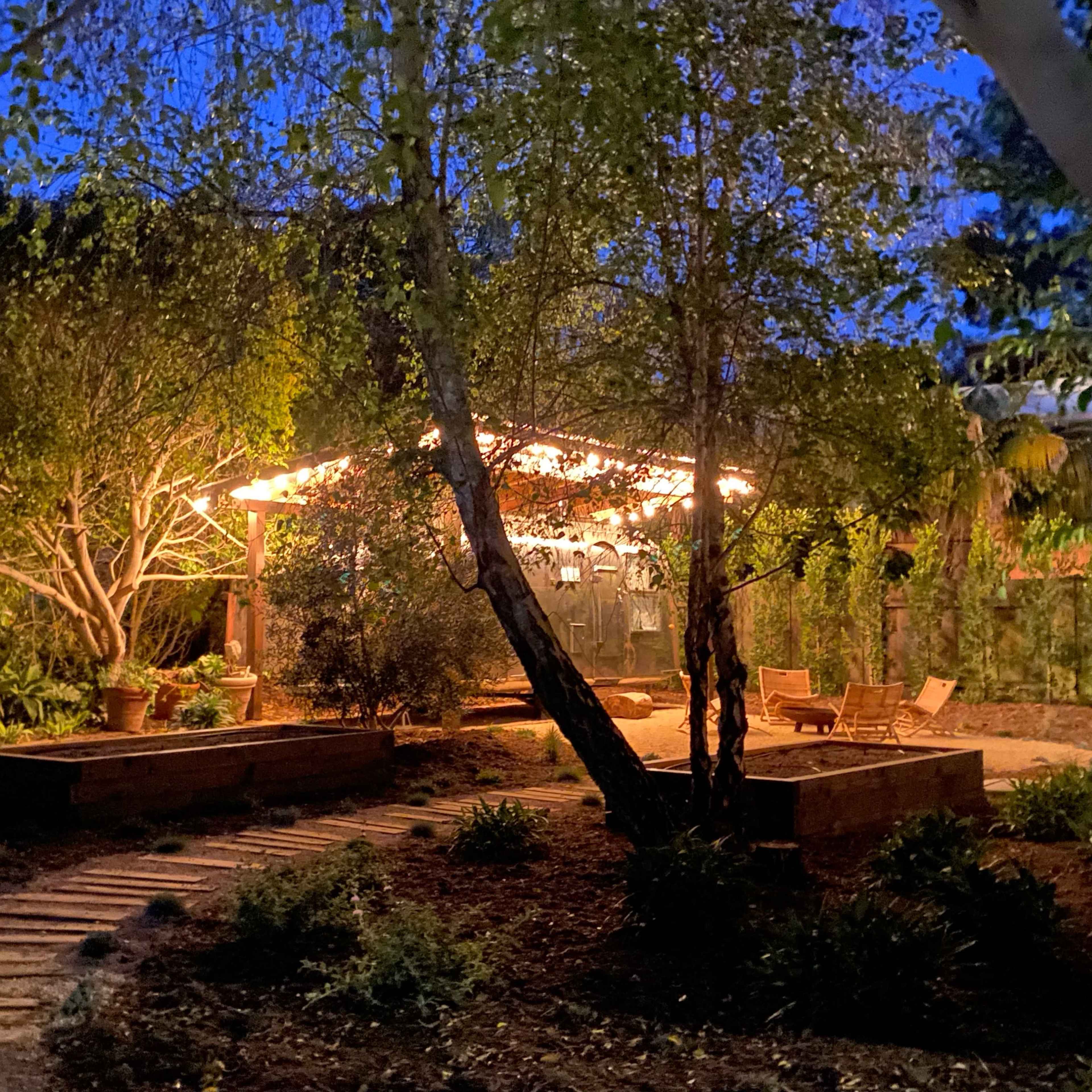 A pathway leads to a lit structure surrounded by trees and plants in a garden at night.
