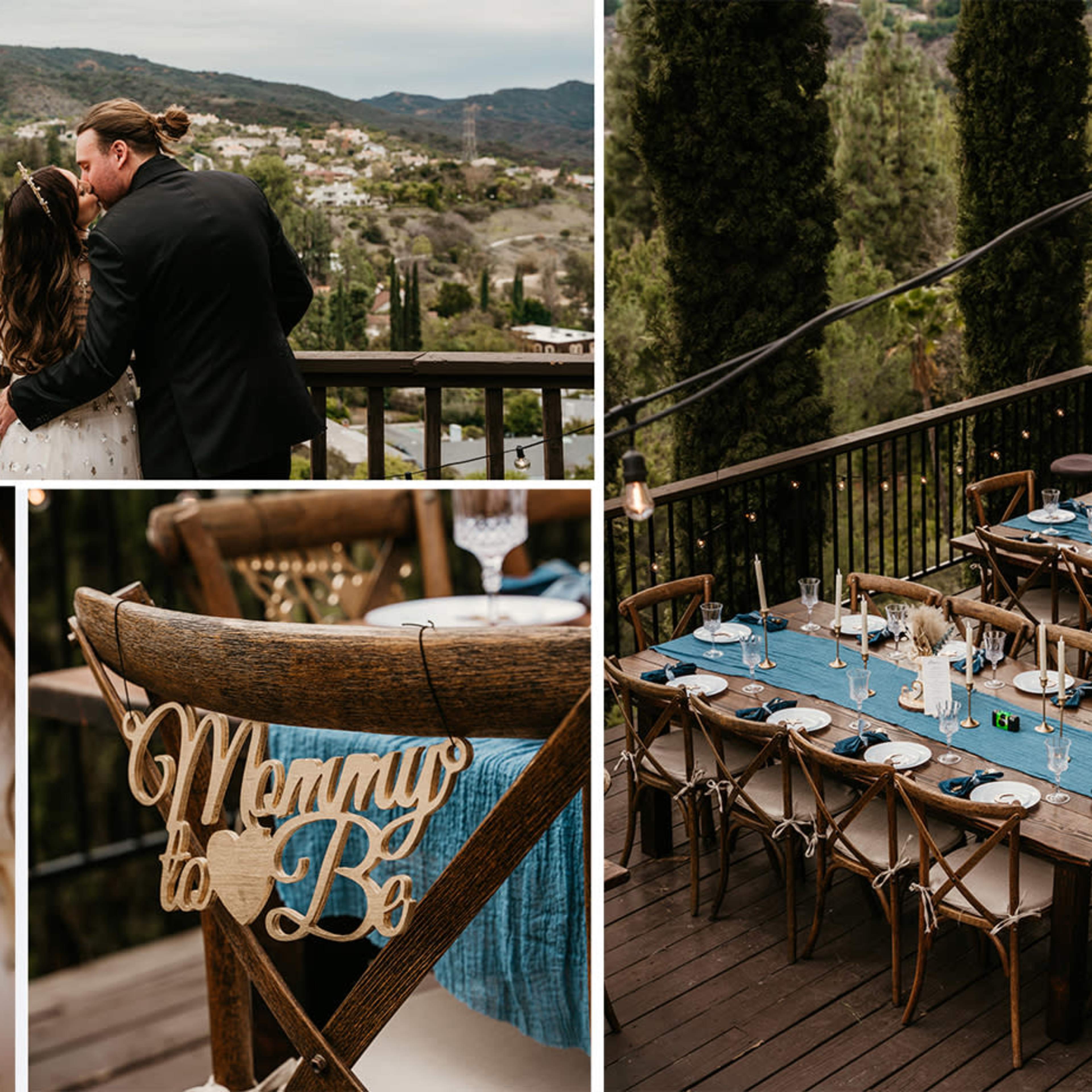 A couple sharing a kiss on a balcony overlooking a green landscape, a beautifully arranged dining table for an event, a woman in a decorated gown posing confidently, and a close-up of a drink in a decorative glass.