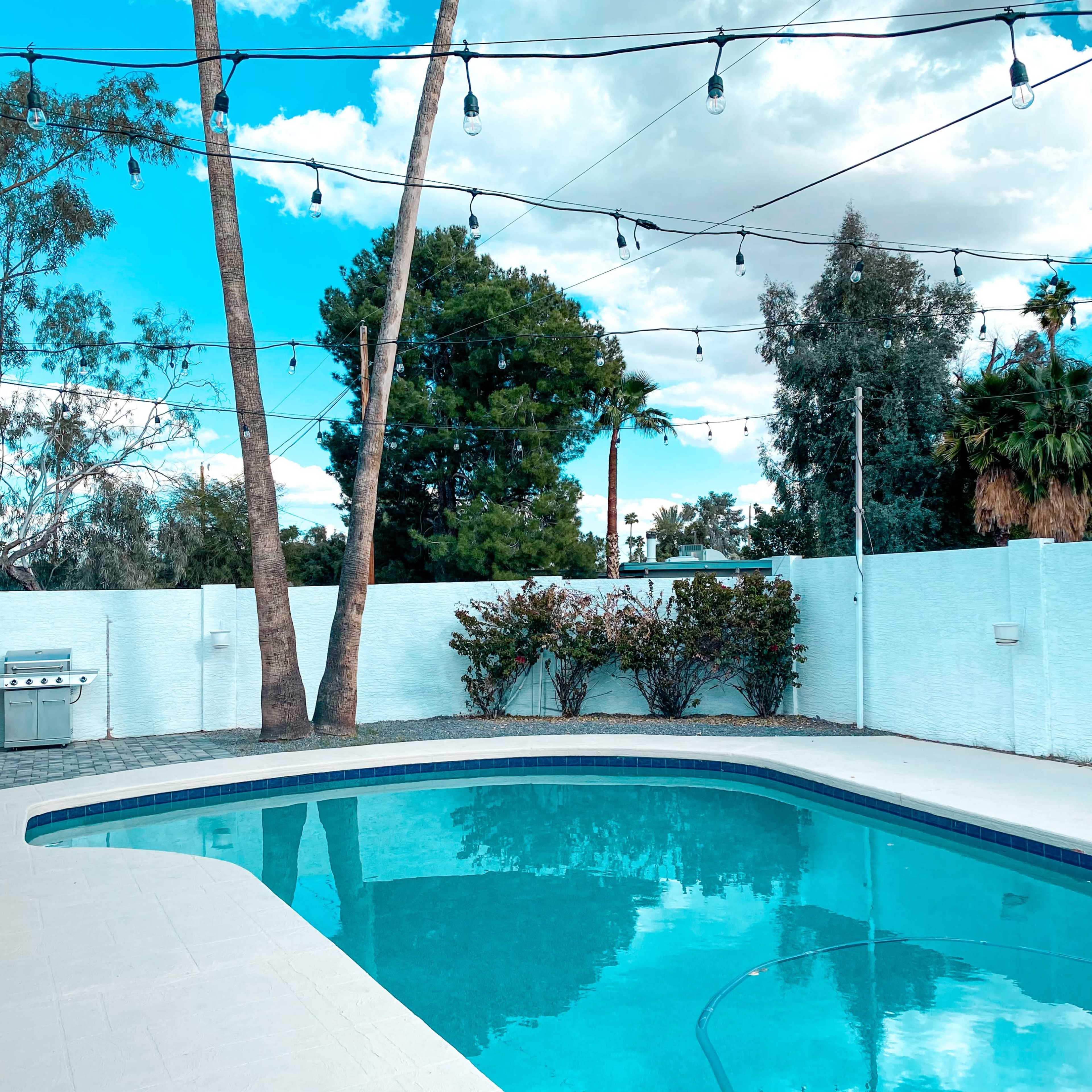 A swimming pool surrounded by a patio, with string lights overhead and various trees in the background.