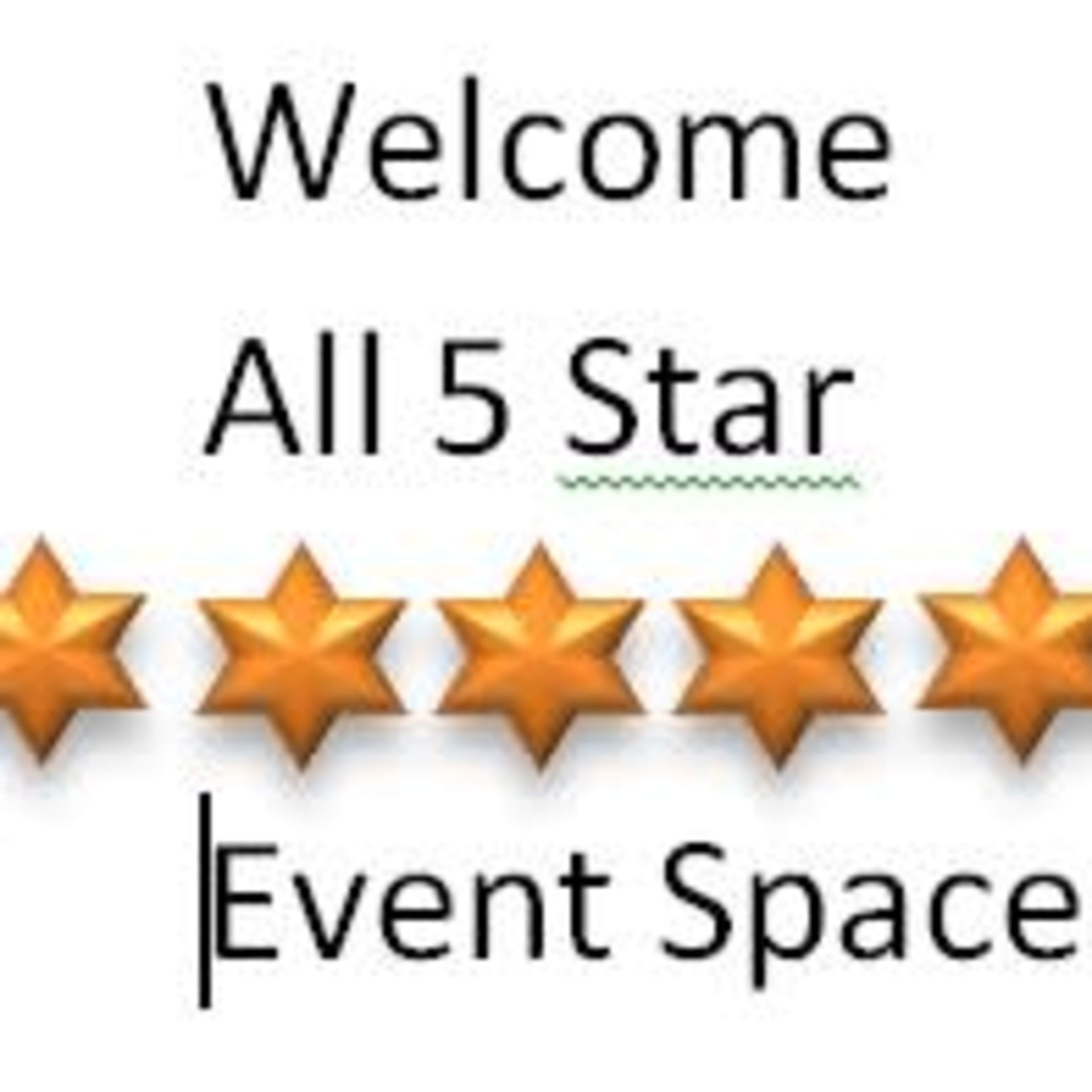 A text welcoming visitors to an event space, featuring five orange star icons to indicate five-star ratings.