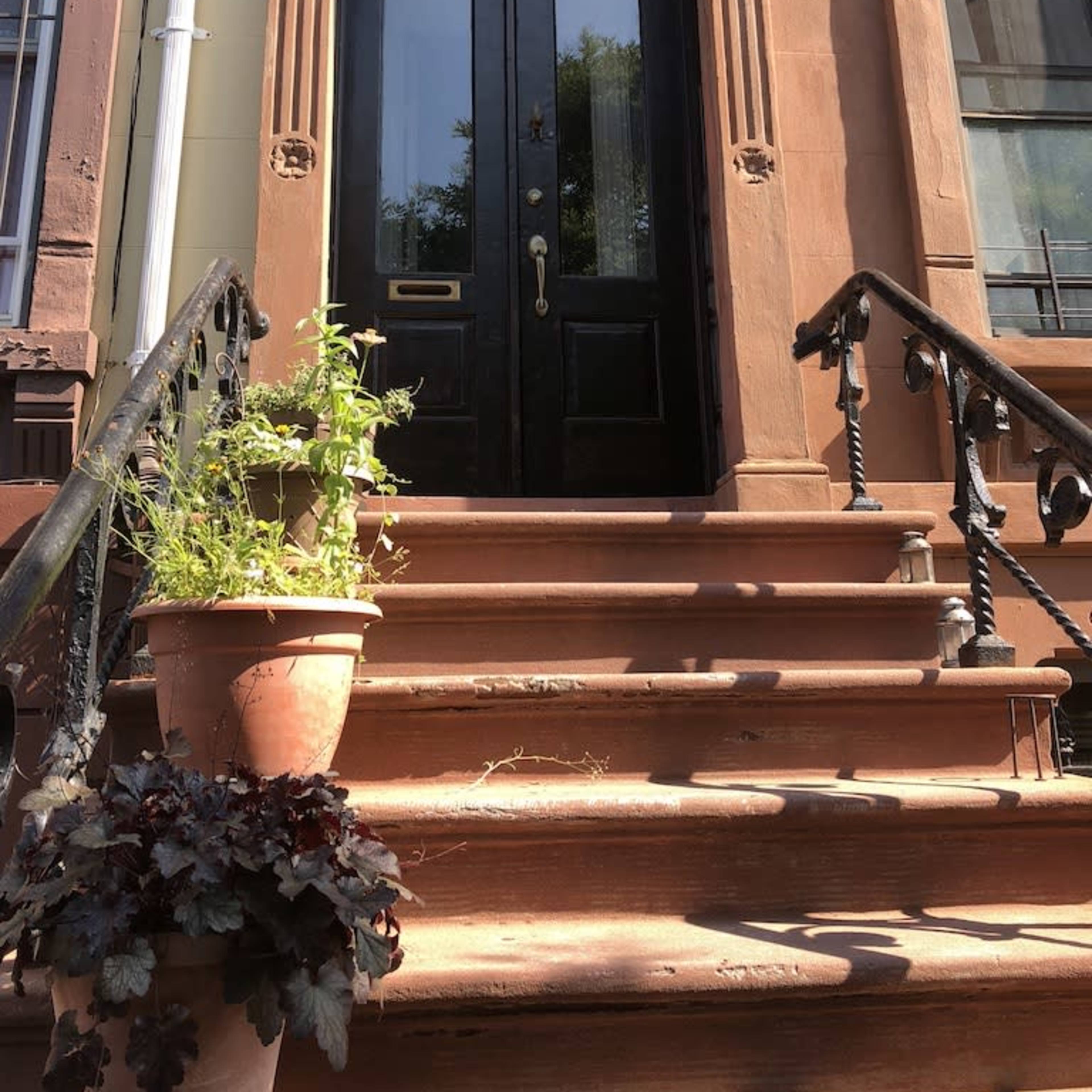 A set of stairs leading up to a black front door, framed by decorative stonework and flanked by potted plants.