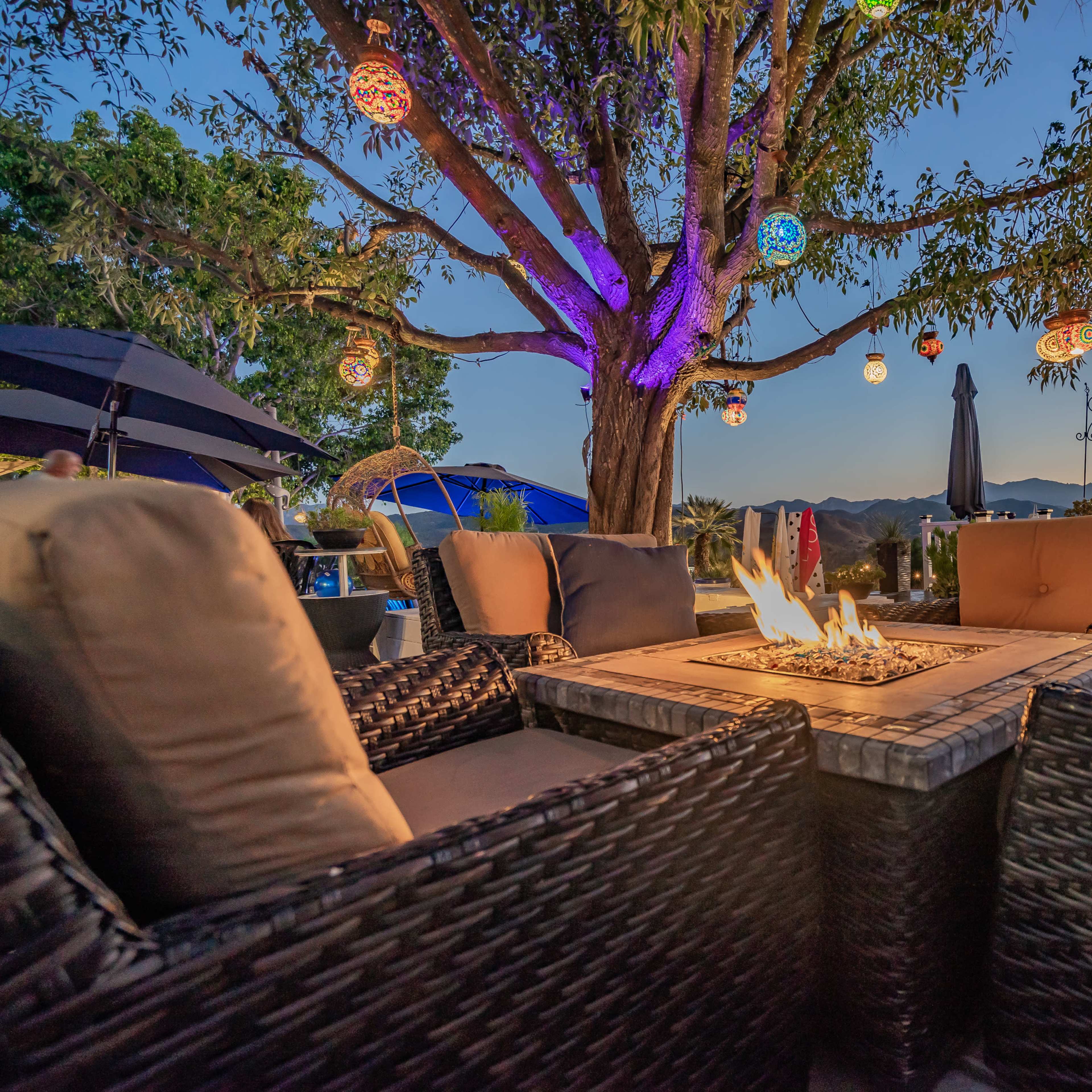 A cozy outdoor seating area features wicker chairs arranged around a fire pit, with colorful lanterns hanging from a large tree in the background at dusk.