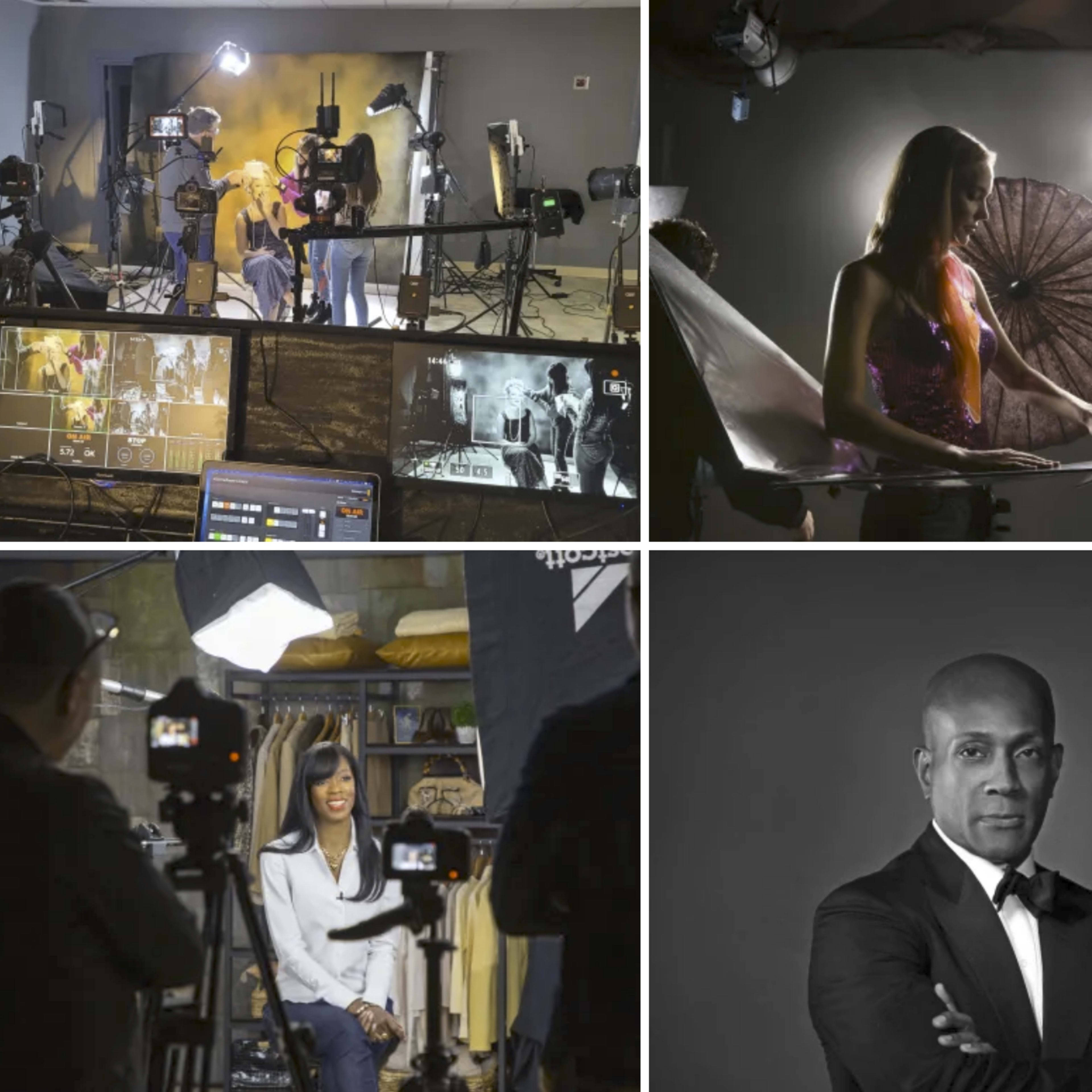 A behind-the-scenes look at a professional photography studio with multiple lighting setups, cameras, and models being photographed.