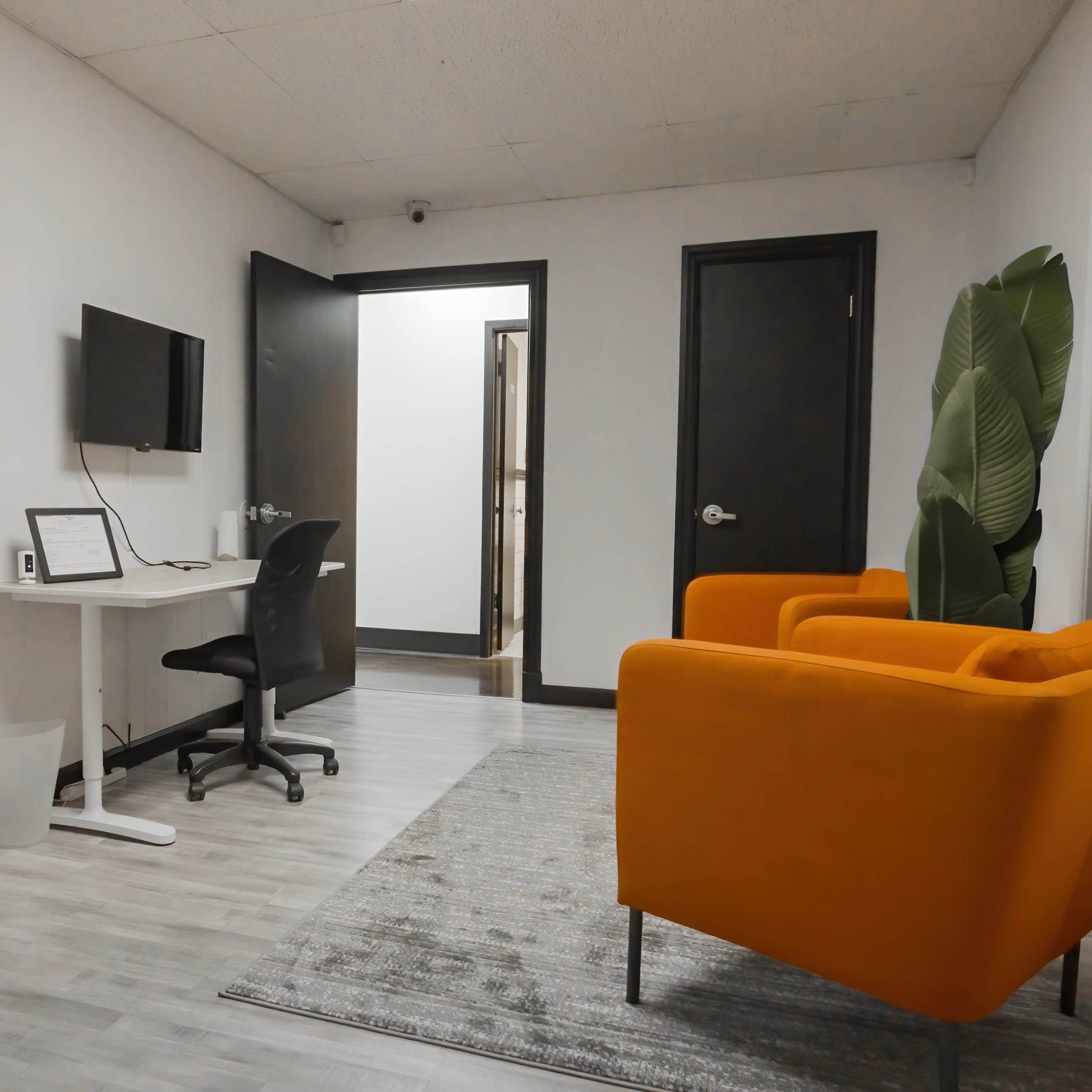 A modern office space featuring a desk with a computer, a black chair, an orange armchair, and a large plant, all set against a white wall and gray flooring.